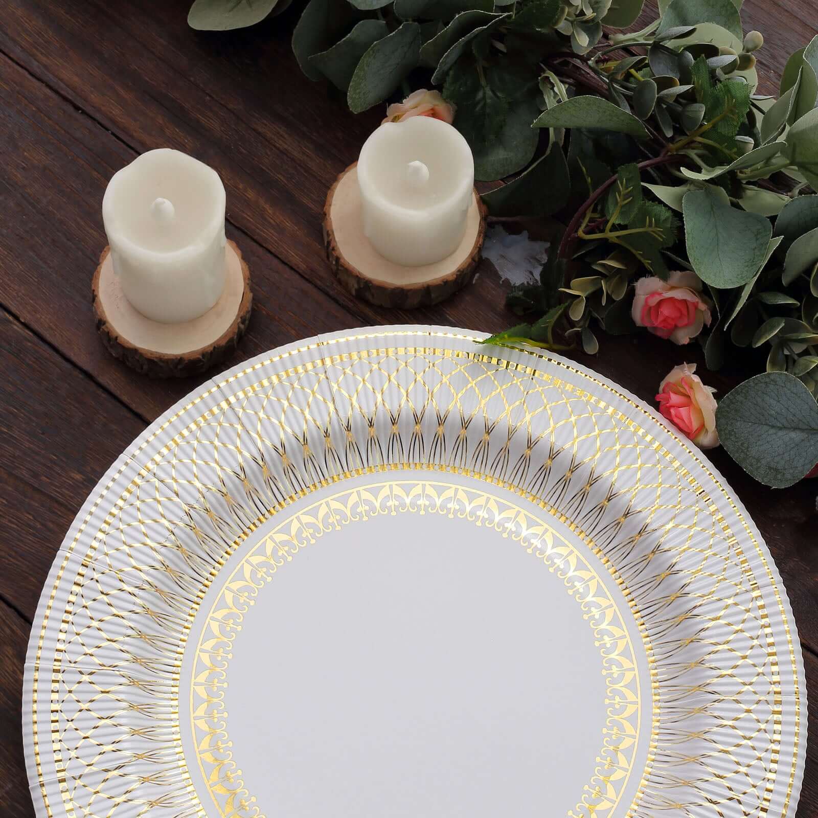 25-Pack Disposable Round Charger Plates in White/Gold Vintage Style - 350GSM Durable Paper Chargers for Events 13"
