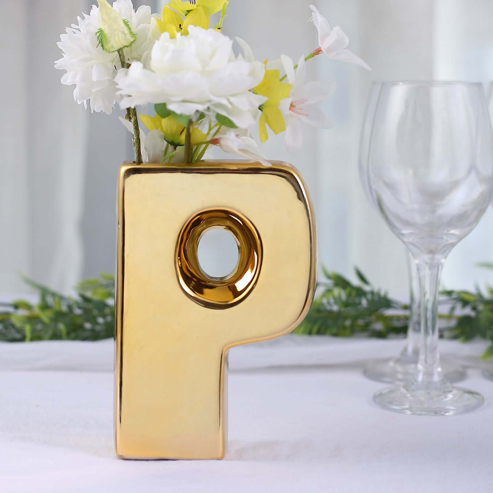 Shiny Ceramic Vase Letter "P" Gold Plated - Chic Bud Planter Pot for Events & Decor 6"