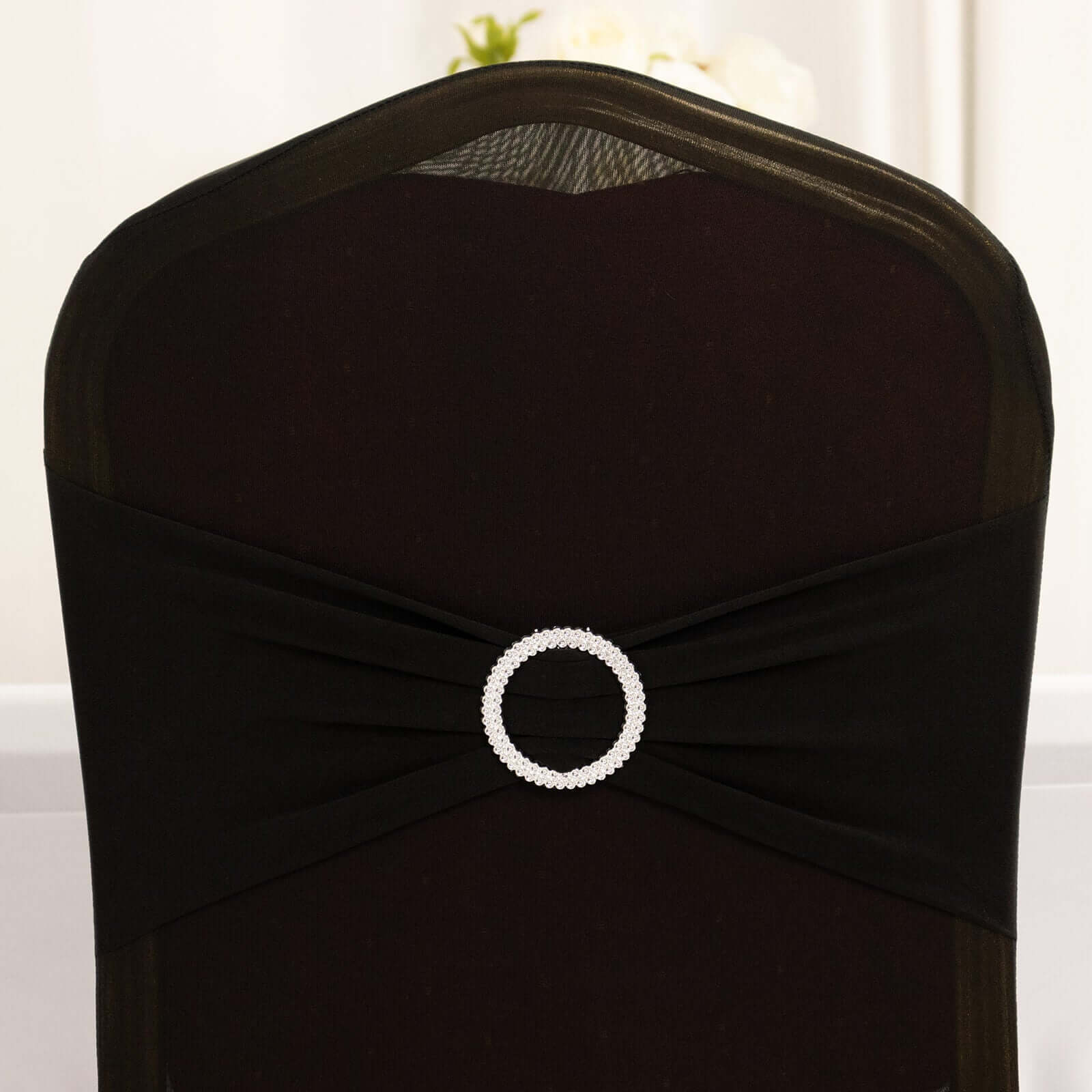 Spandex Chair Cover with Black Rhinestone Buckled Sash Band Blush - Stylish Stretch Fitted Slipcover for Banquets & Events
