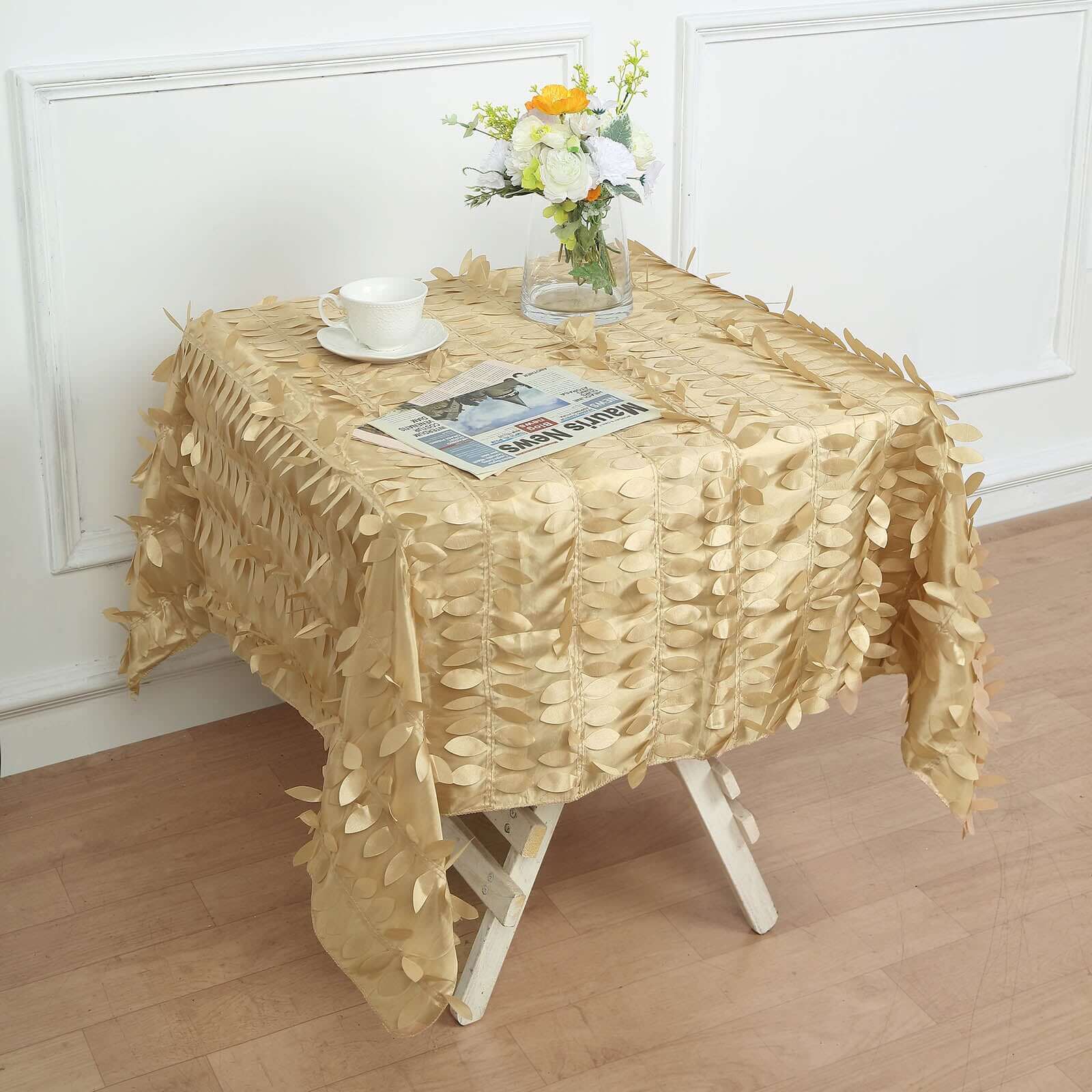 Taffeta 54"x54" Square Tablecloth Champagne 3D Leaf Petal Table Cover
