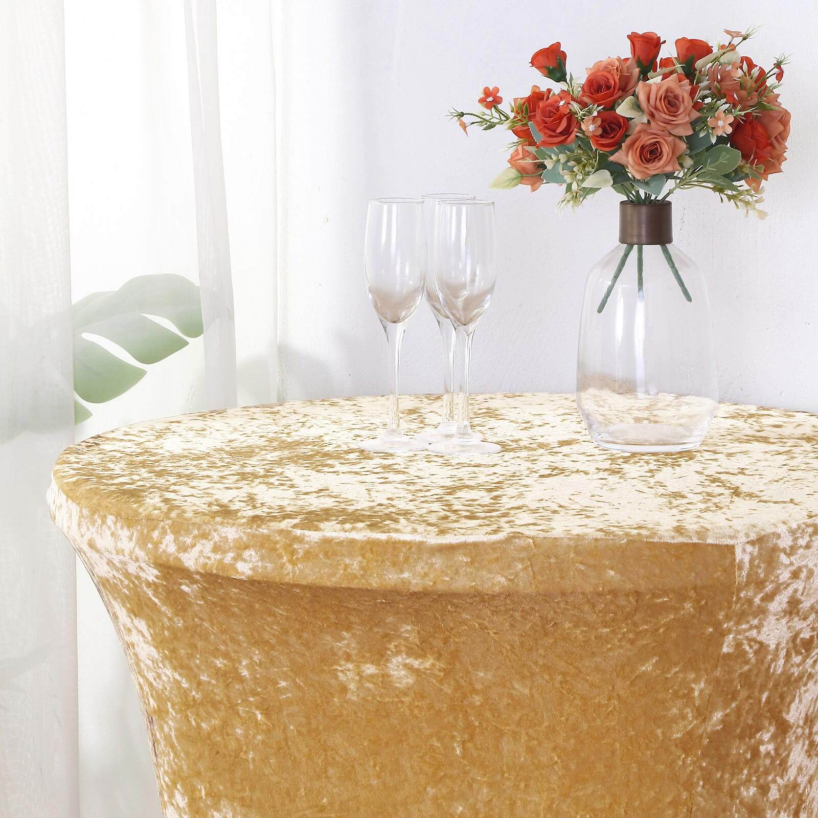 Crushed Velvet Spandex 32" Round Cocktail Table Cover Champagne Smooth Highboy Tablecloth