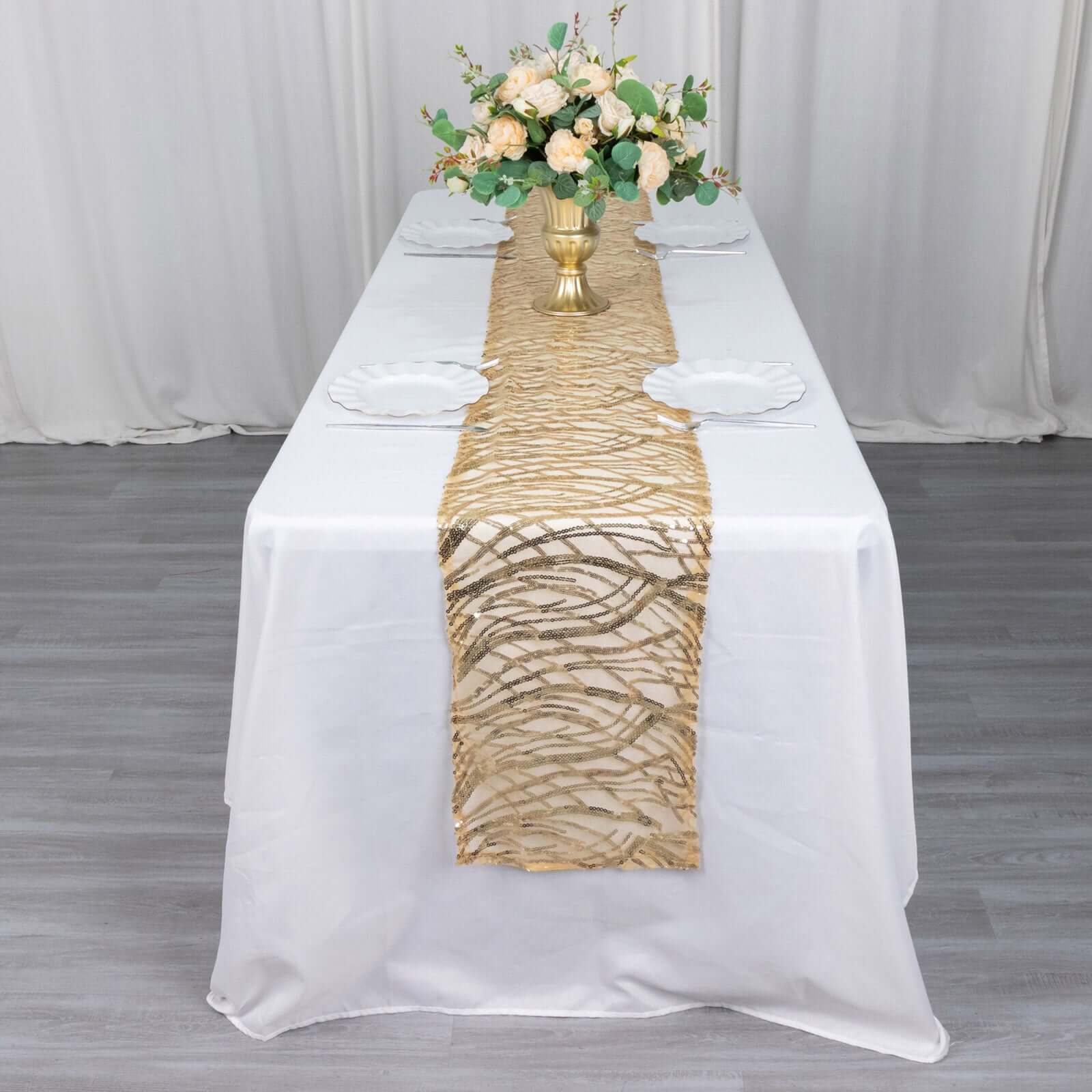 Sequin Mesh 12"x108" Table Runner Champagne Stylish Wave Embroidery