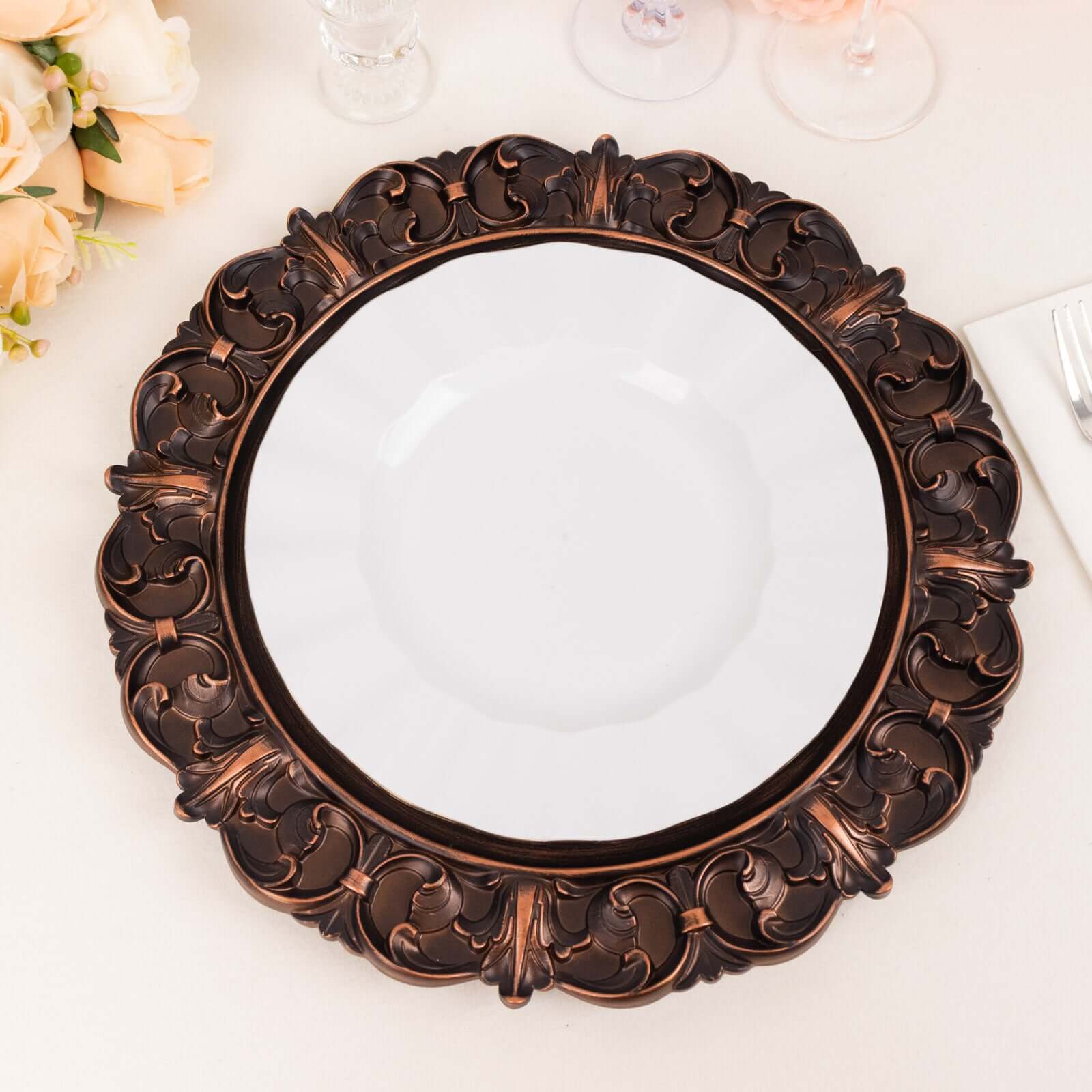 6-Pack Acrylic Round Charger Plates 13" in Dark Brown with Aristocrat Retro Baroque Rim, Ornate Plastic Decorative Chargers