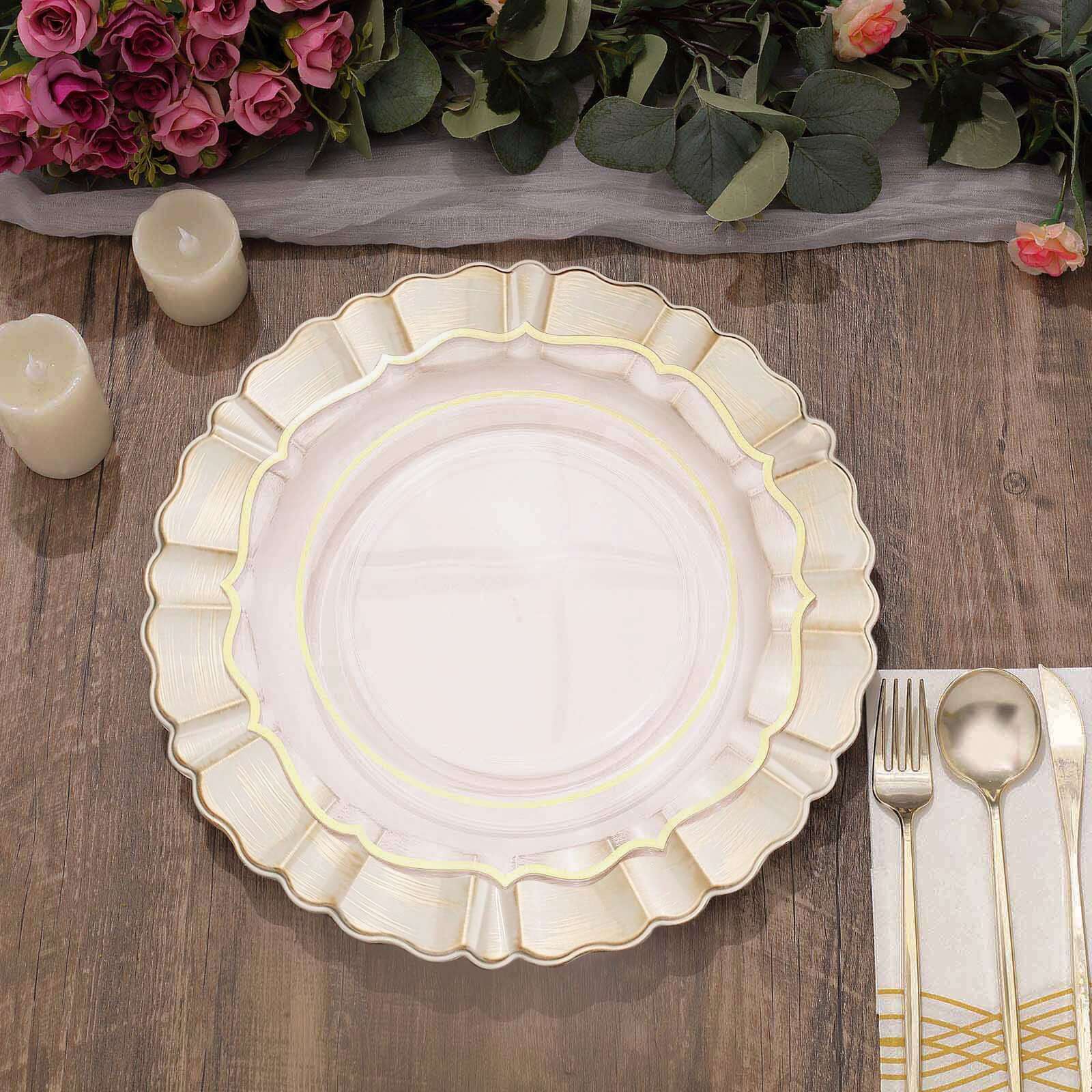 6-Pack Acrylic Plastic Round Charger Plates 13" in Beige with Gold Brushed Wavy Scalloped Rim, Decorative Dinner Party Charger Tableware