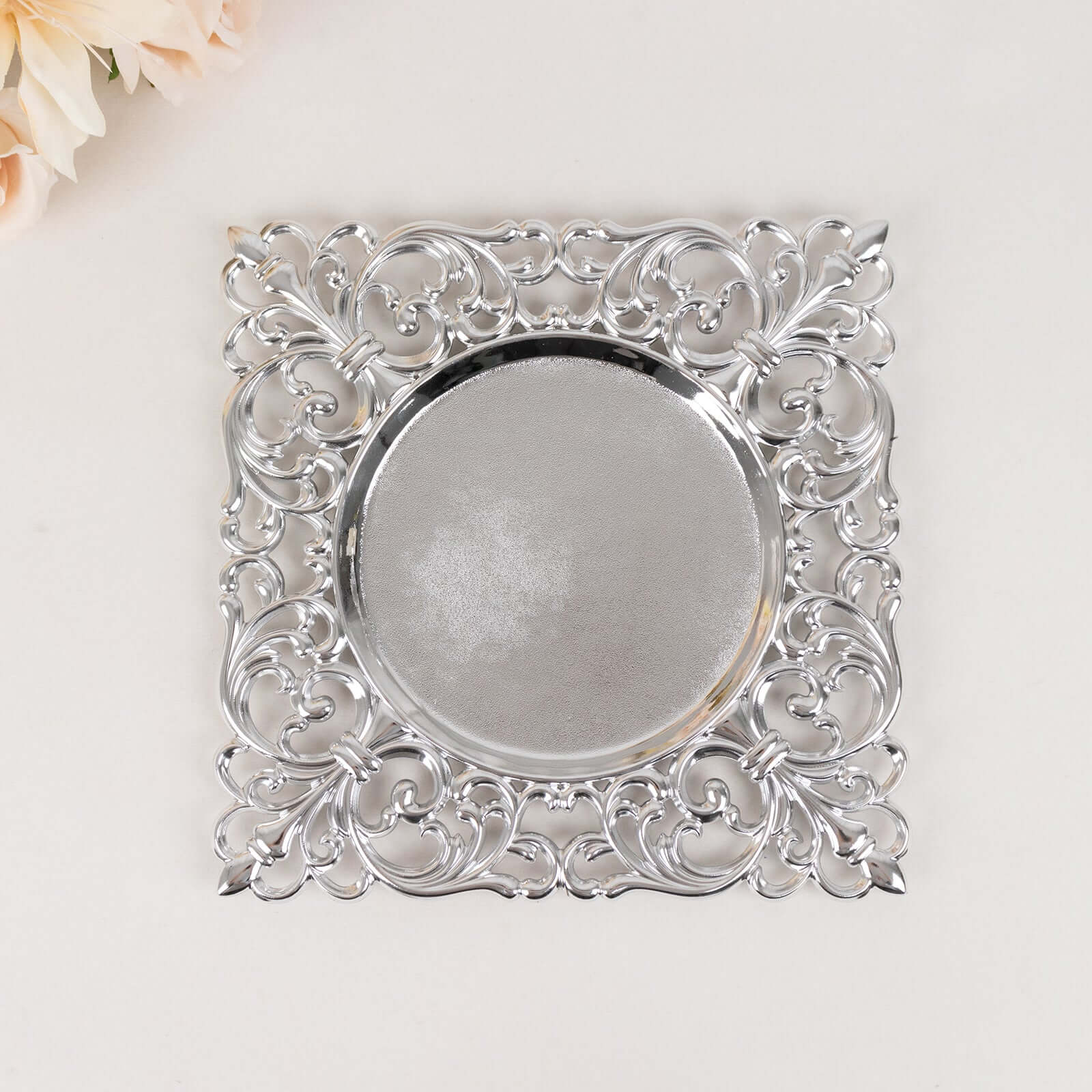6-Pack Acrylic Square Charger Plates 12" in Silver with Hollow Lace Border, Event Tabletop Decorative Charger Tableware