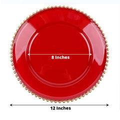6-Pack Acrylic Round Charger Plates 13" in Red with Gold Beaded Rim, Decorative Dinner Party Charger Tableware