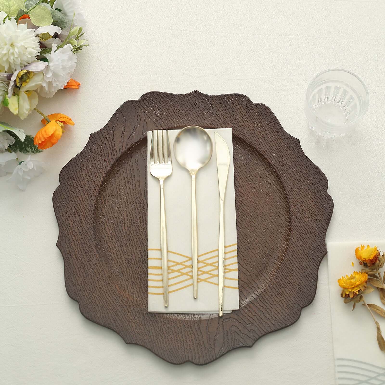 6-Pack Acrylic Round Charger Plates 13" in Rustic Brown with Wood Grain Scalloped Rim, Decorative Dinner Party Charger Tableware