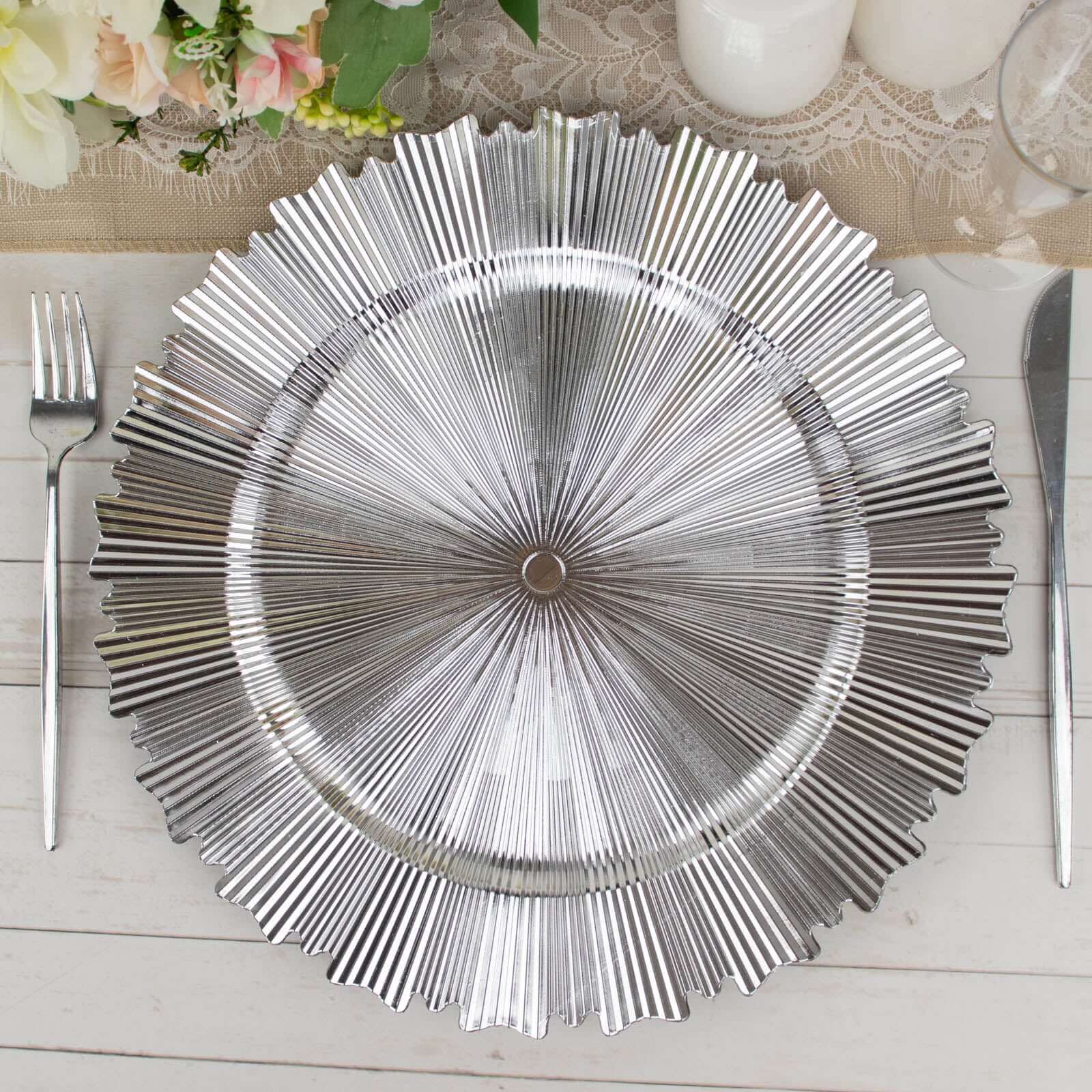 6-Pack Acrylic Plastic Round Charger Plates 13" in Metallic Silver with Sunray Scalloped Rim, Decorative Dinner Party Charger Tableware