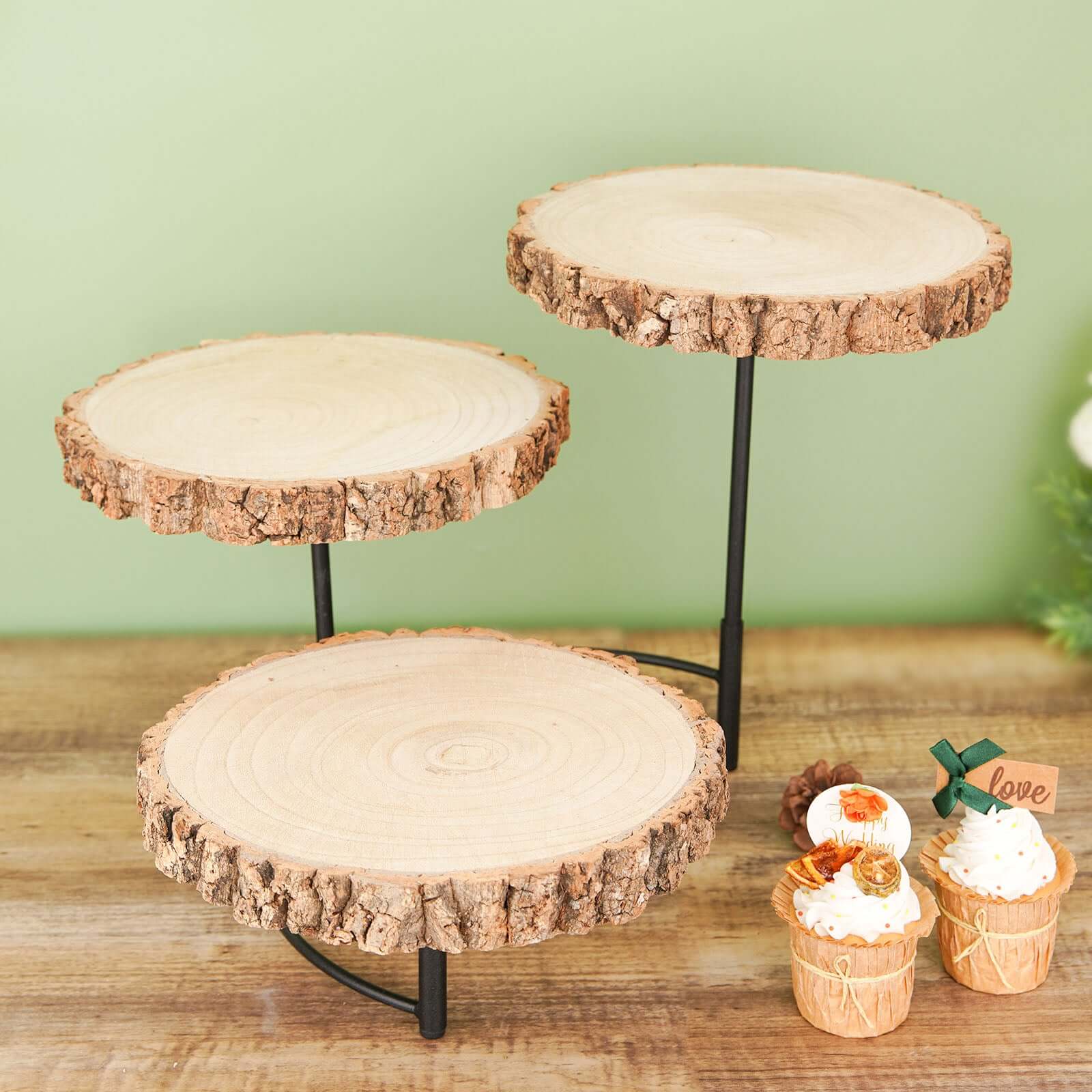 3-Tier Wooden Cheese Board Stand Half Moon Wood Slice Design - Rustic Cupcake Centerpiece 12" Tall
