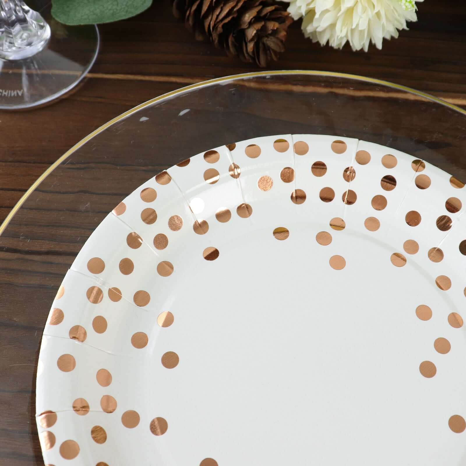 25 Pack 7" White Rose Gold Polka Dot Dessert Appetizer Paper Plates, Disposable Salad Party Plates - 300 GSM