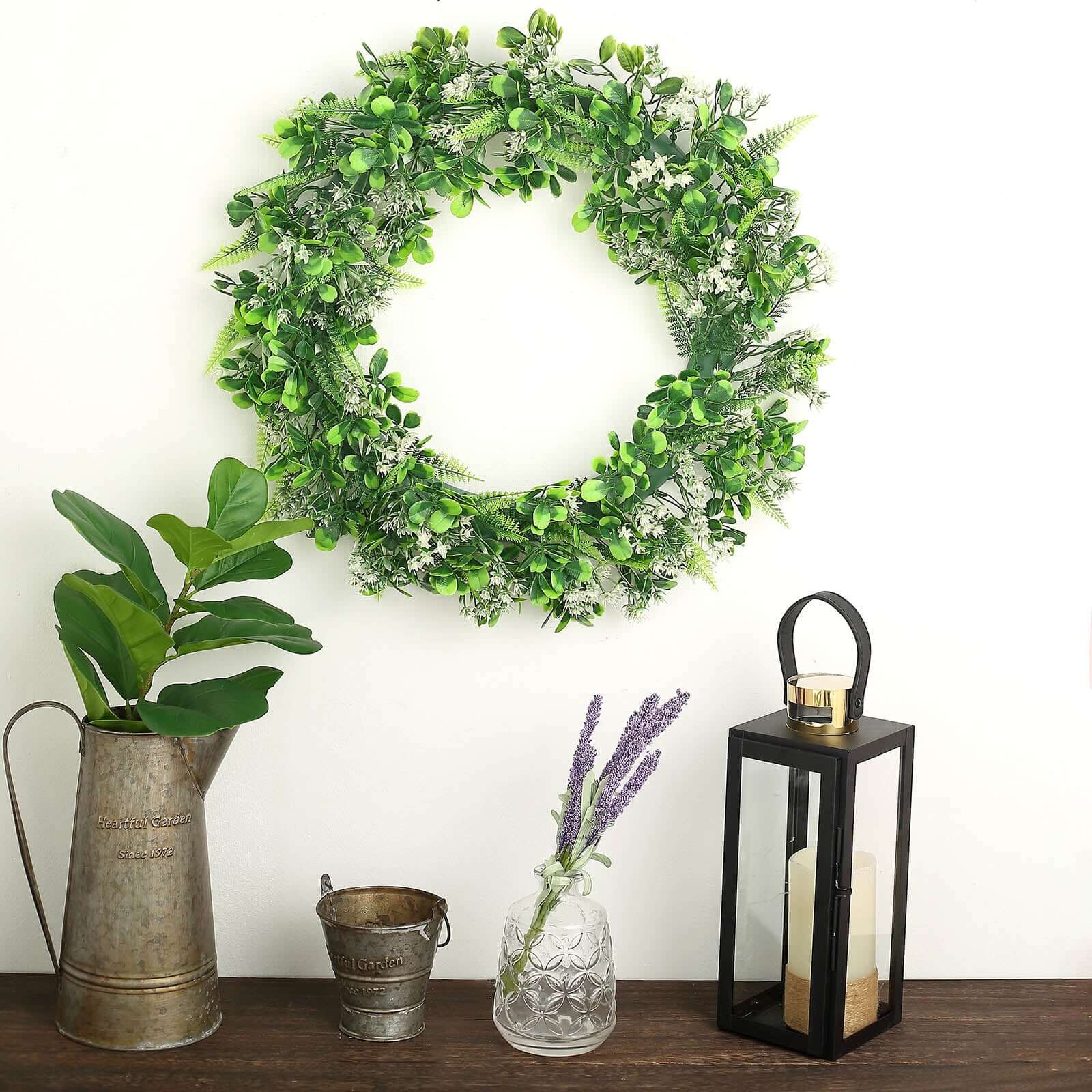 2 Pack 22" White Green Artificial Lifelike Boxwood Fern Mix Spring Wreaths