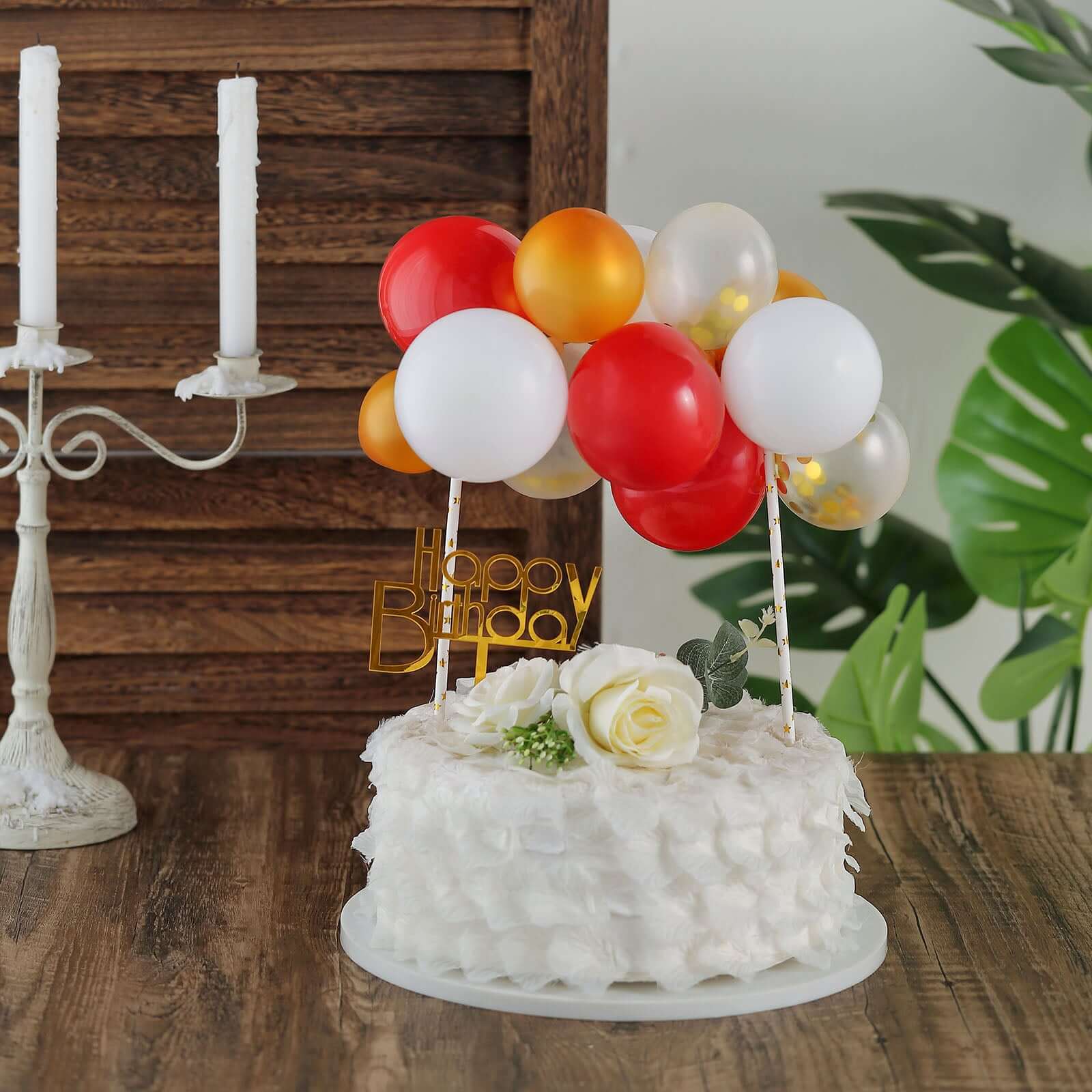 11 Pcs Balloon Cake Topper Clear, Gold, Red and White - Whimsical Clustered Mini Garland Cake Inserts DIY Party Decorations
