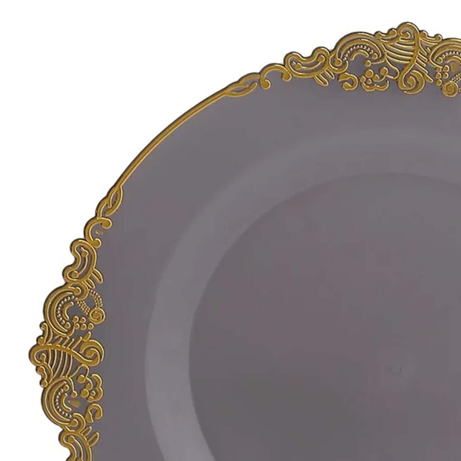 10-Pack Plastic 8" Round Dessert Plates in Transparent Black with Gold Leaf Embossed Rim - Disposable Vintage Baroque Style Salad Plates