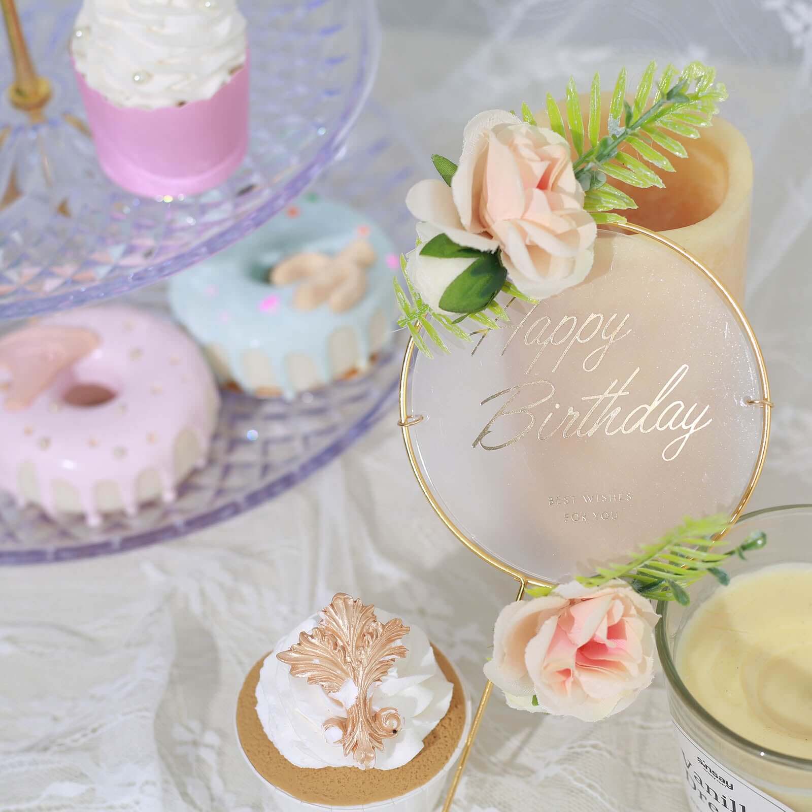 3 Pcs Happy Birthday Cake Toppers with Gold Metal Frames & Clear Acrylic Panels - Charming Reusable Cake Decorations with Stylish Silk Flower Accents