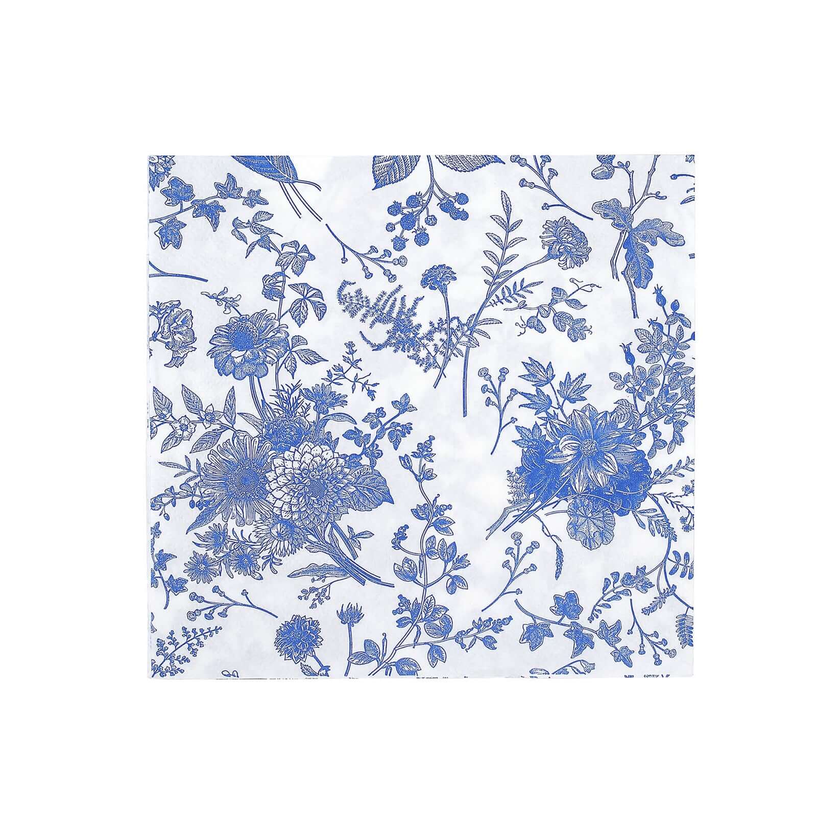 20-Pack Paper Cocktail Napkins with French Toile Print White/Blue - Disposable 2 Ply Beverage Napkins for Events 5"x5"