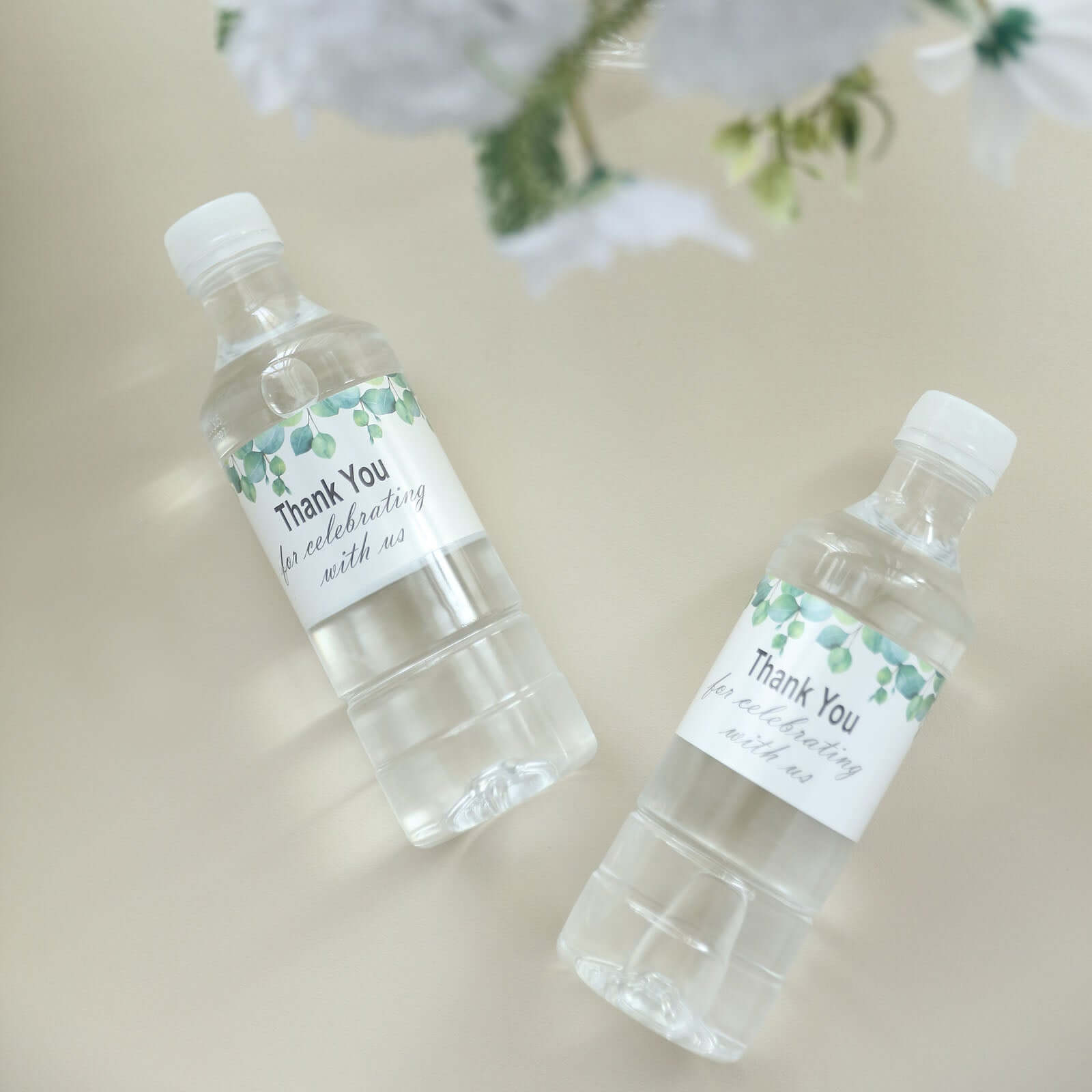 24 Pack White/Green Water Bottle Labels with Leaves Design "Thank You" Party Waterproof Bottle Stickers