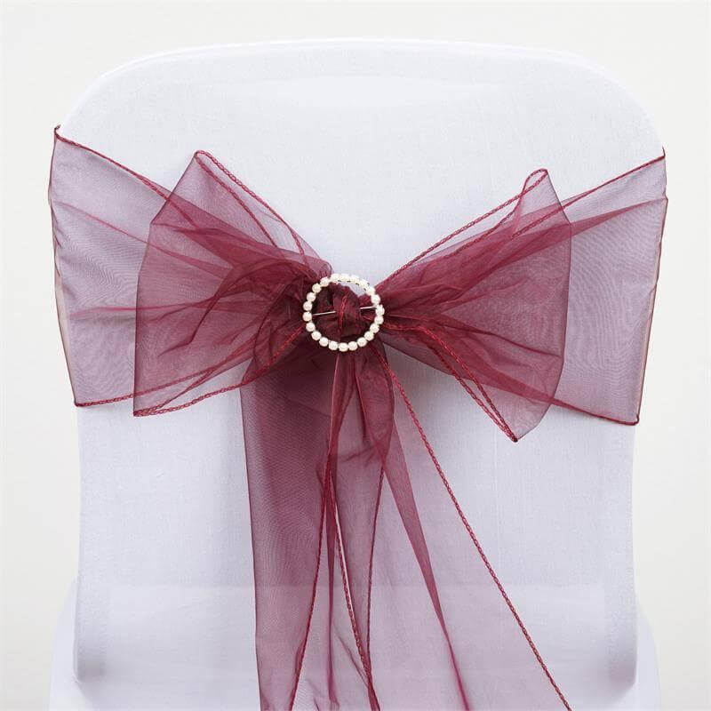 5 Pack Organza Chair Sashes Burgundy - Reusable Sheer Chair Bows 6"x108"