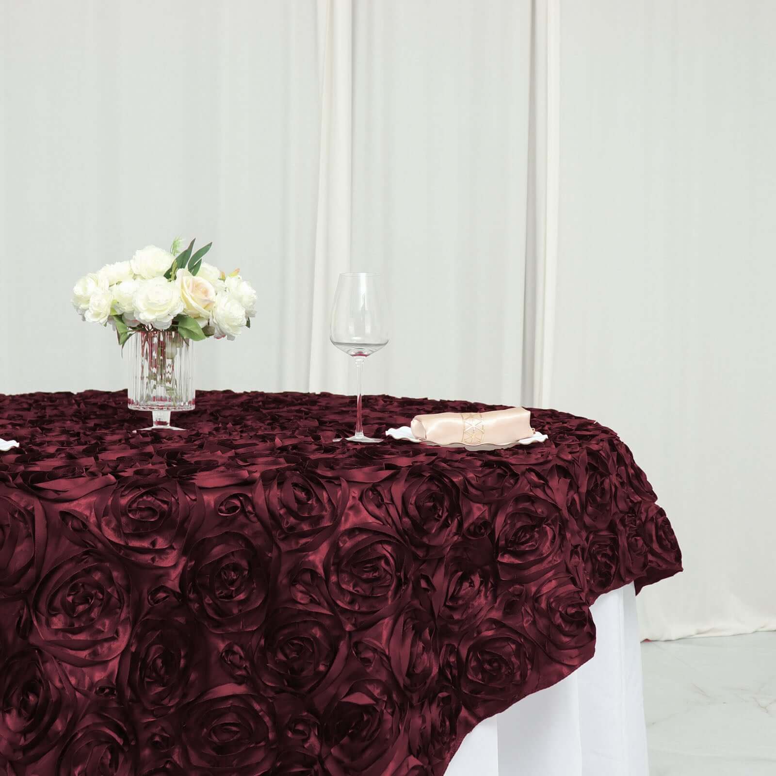 Satin 72"x72" Table Overlay Square Tablecloth Burgundy - 3D Rosette Table Cover