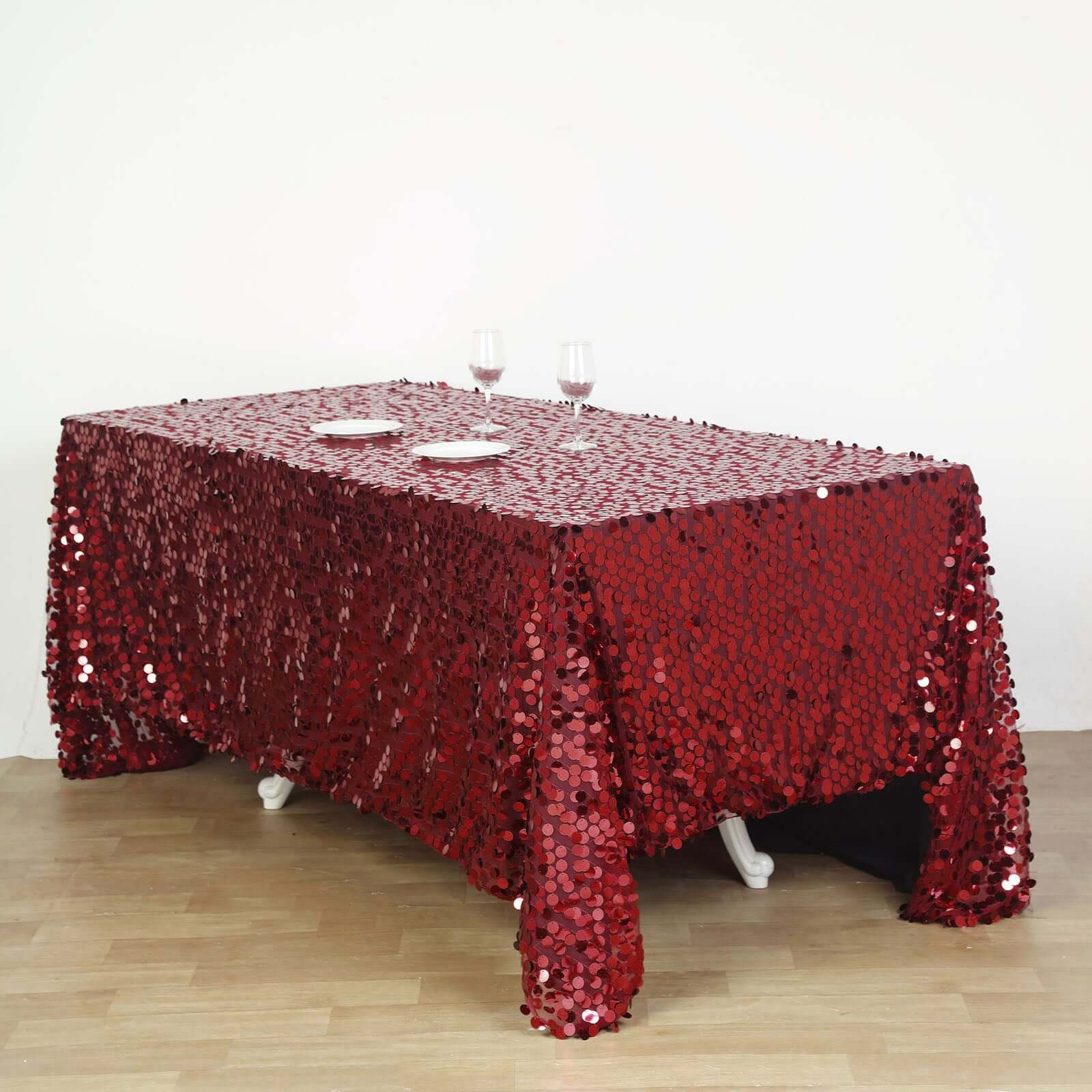 Sequin 90"x132" Rectangle Tablecloth Burgundy - Seamless Big Payette Design for Sophisticated Occasions