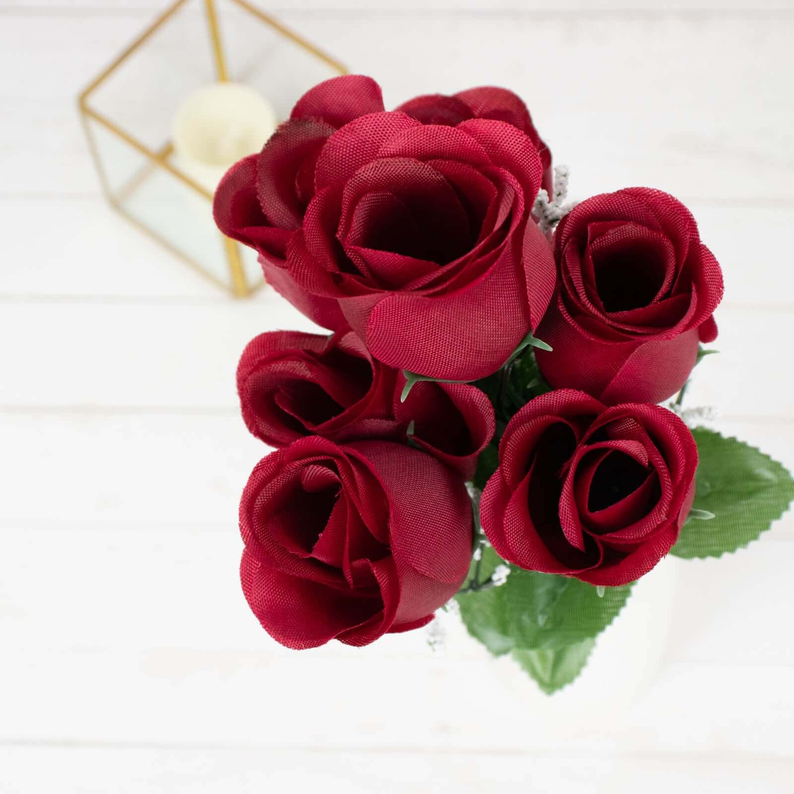 12 Bushes Burgundy Artificial Premium Silk Flower Rose Bud Bouquets