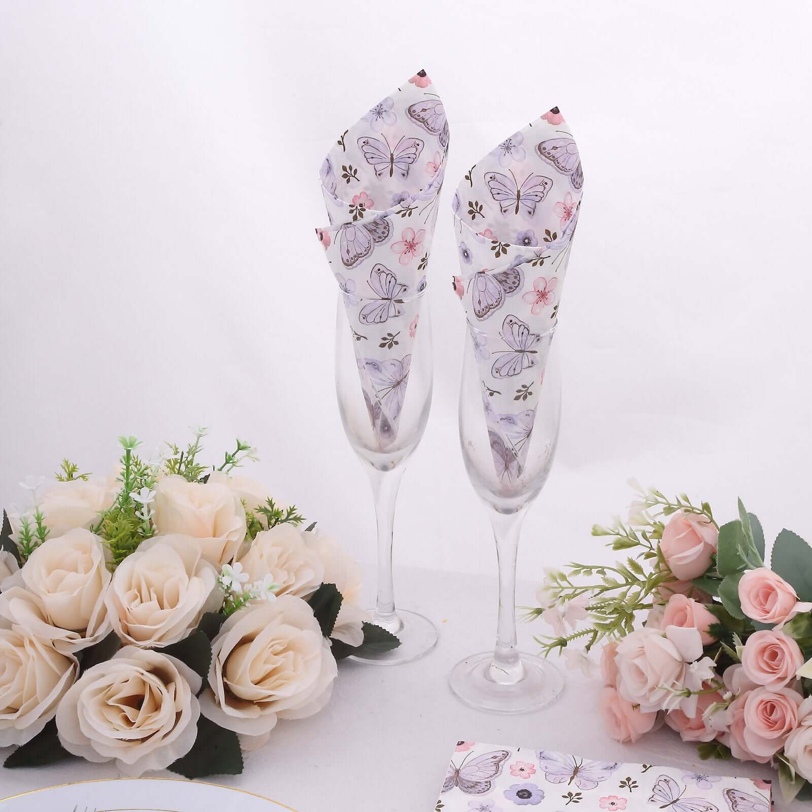 50-Pack Paper Beverage Napkins with Lavender Butterfly Floral Design Ivory - 2 Ply Soft 18GSM Garden Wedding Napkins 6.5"x6.5"