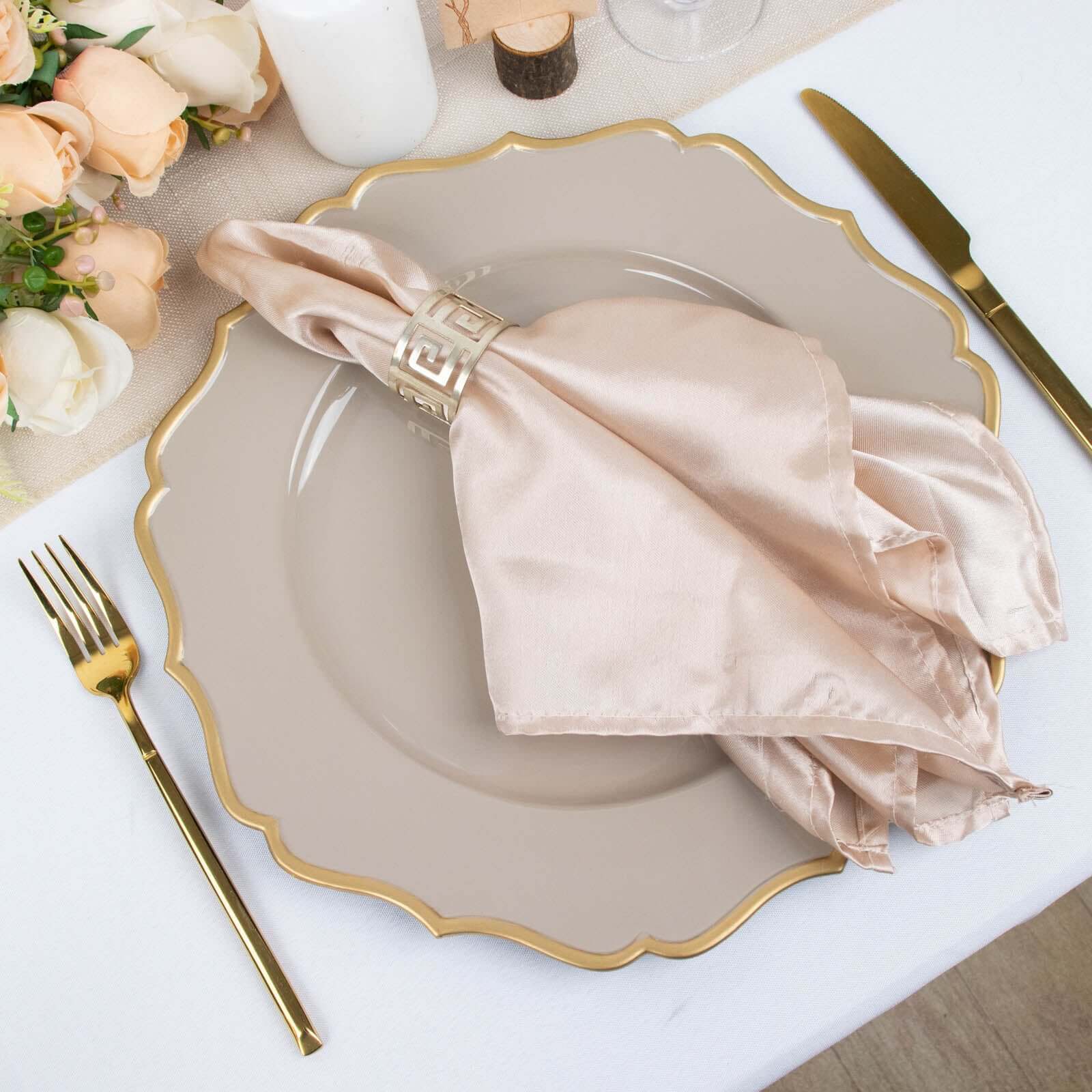 6-Pack Acrylic Round Charger Plates 13" in Taupe with Gold Scalloped Rim, Decorative Dinner Party Plastic Charger Tableware