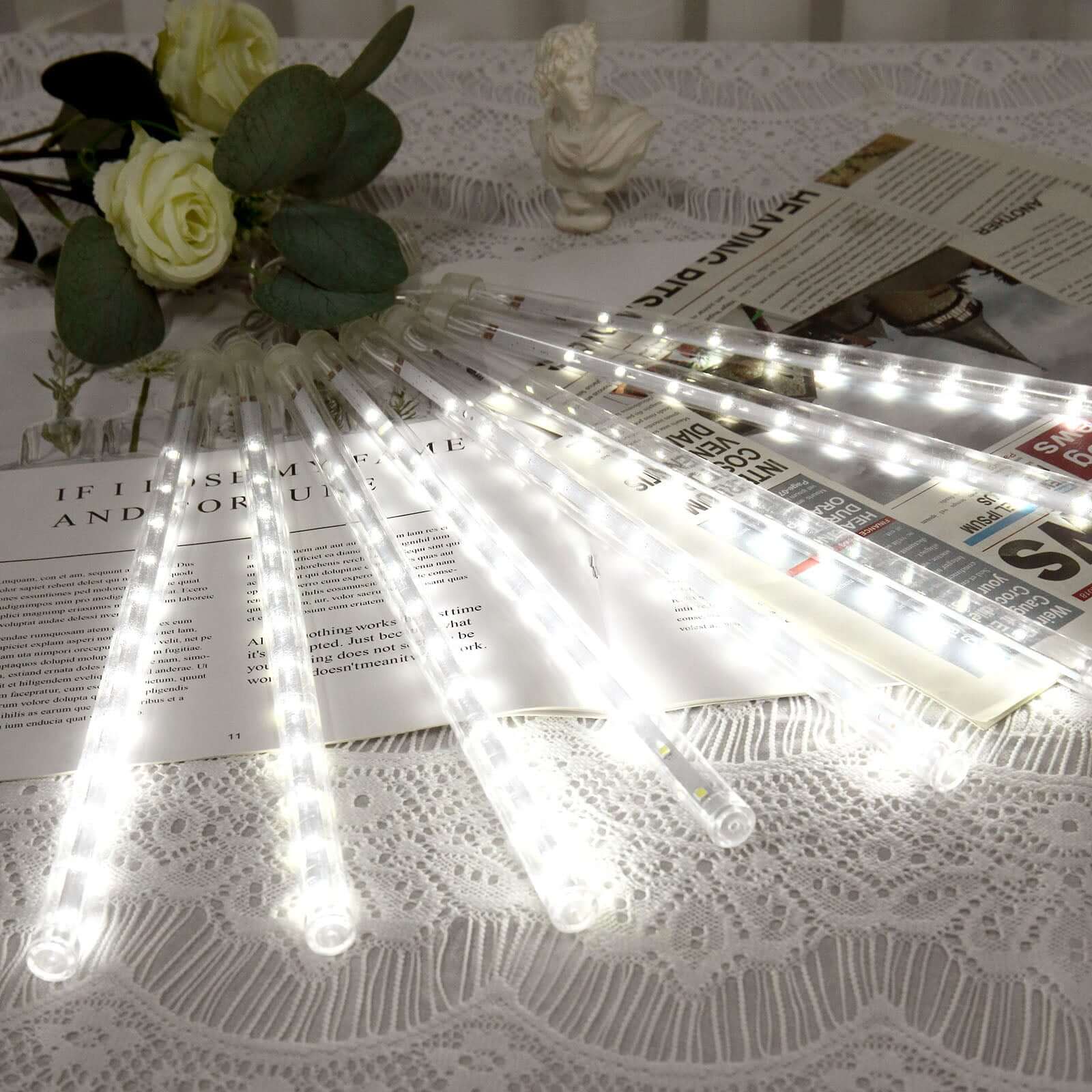8 Tubes LED Hanging String Lights Icicle Design Clear - Waterproof Snowfall Effect 12"