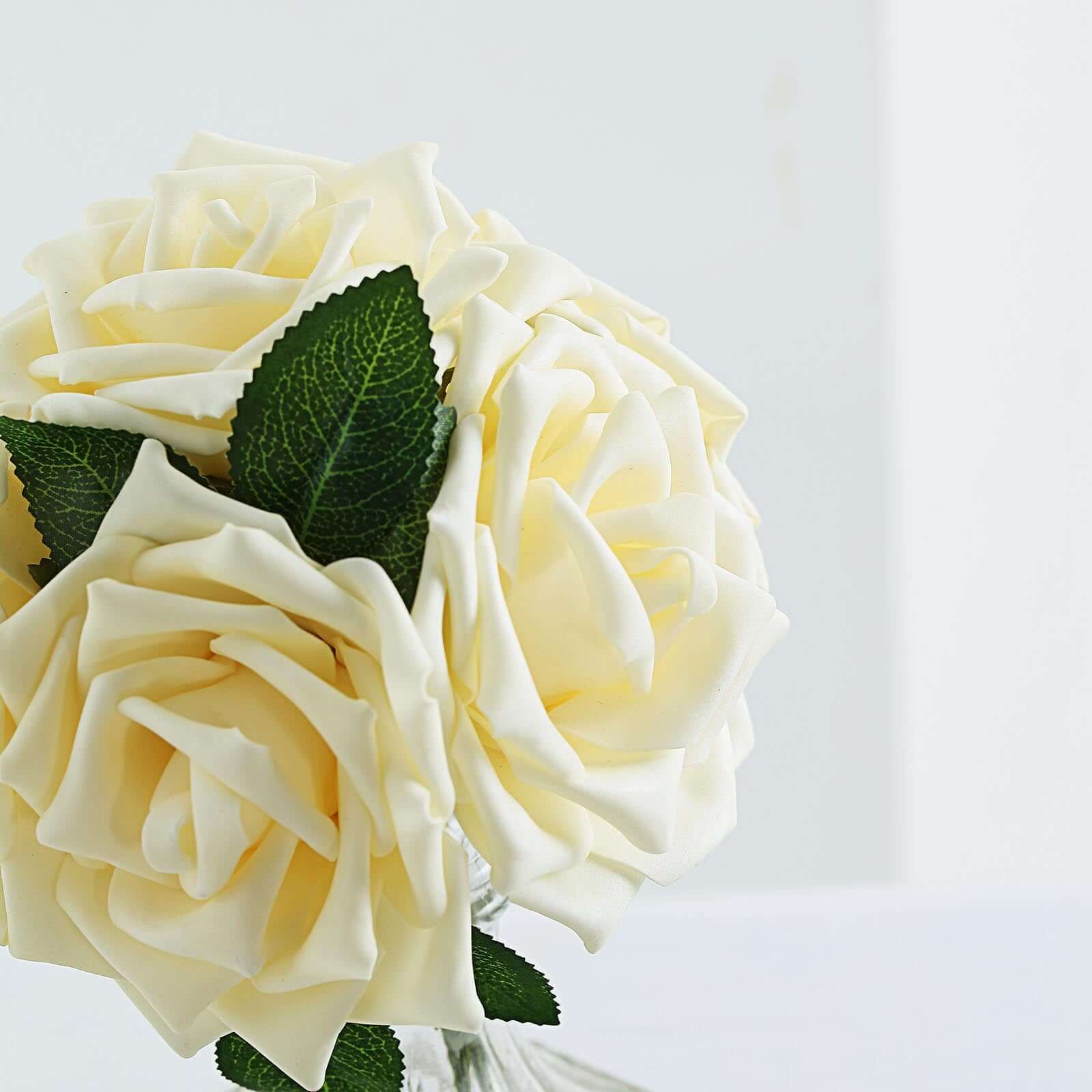 24 Roses 5" Cream Artificial Foam Flowers With Stem Wire and Leaves