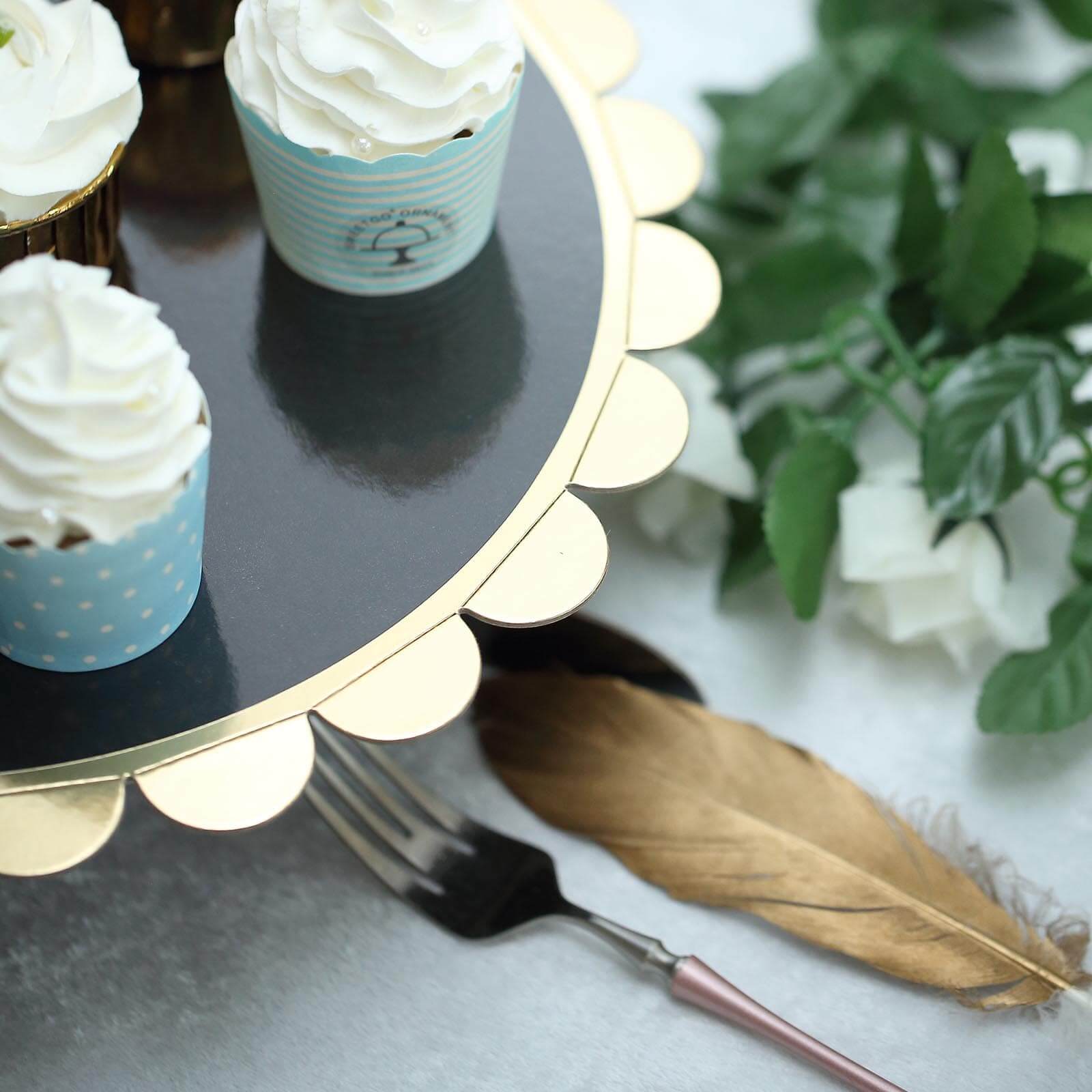 1-Tier Cardboard Cake Stand Black - Stylish Reusable Cupcake Dessert Holder with Gold Scalloped Rim for Baby Showers Birthdays & Events 13"