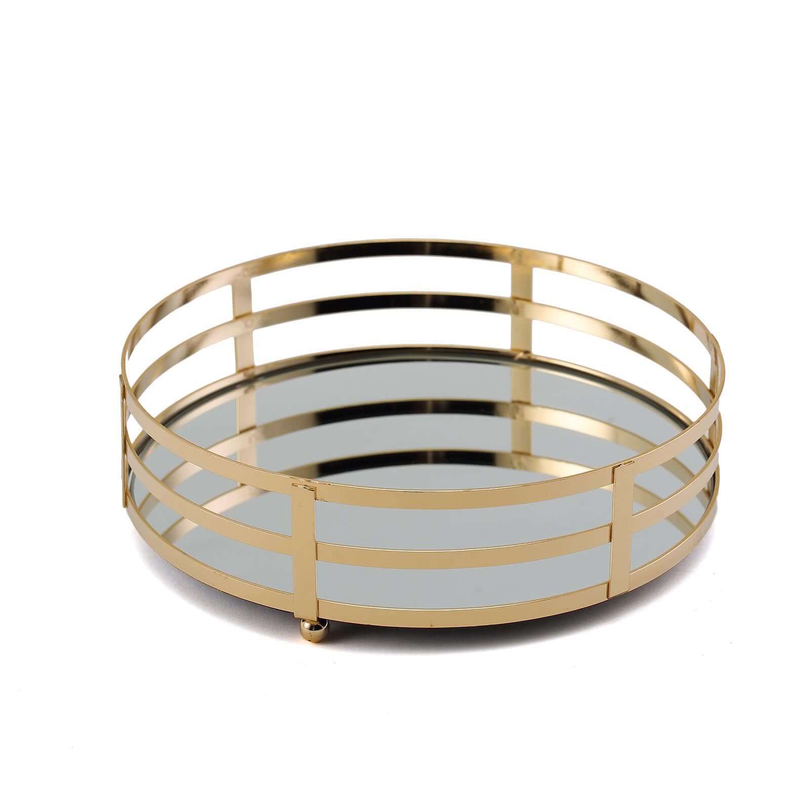 Set of 2 Metal Serving Trays 13", 9" Round Gold with Mirrored Top, Classy Decorative Vanity Tray Centerpiece