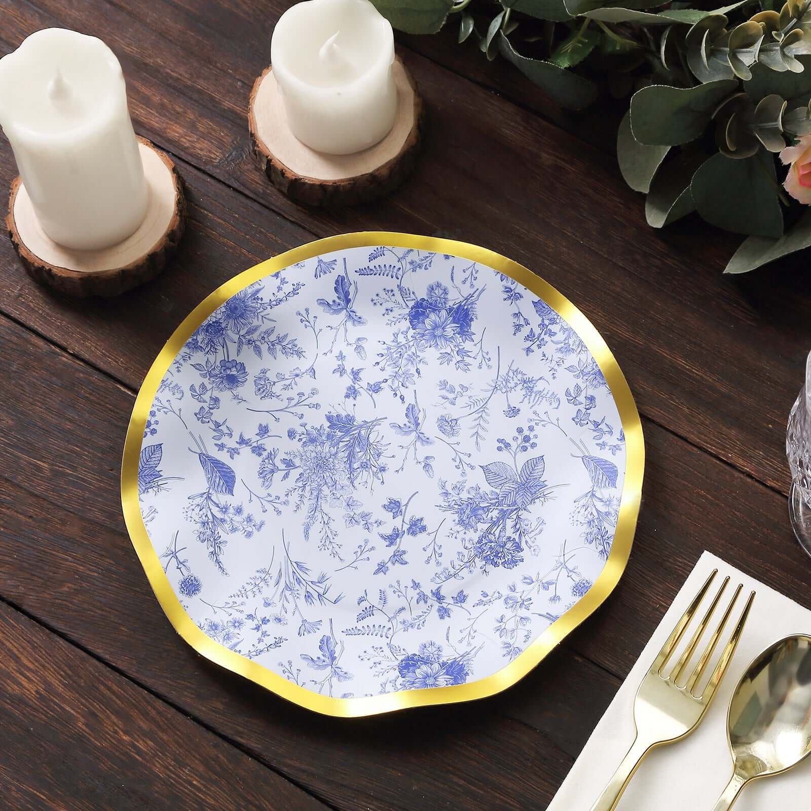 25-Pack Paper Round Dessert Plates 8" in White with Blue French Toile Pattern & Gold Wavy Rim - Disposable 350GSM Salad Plates