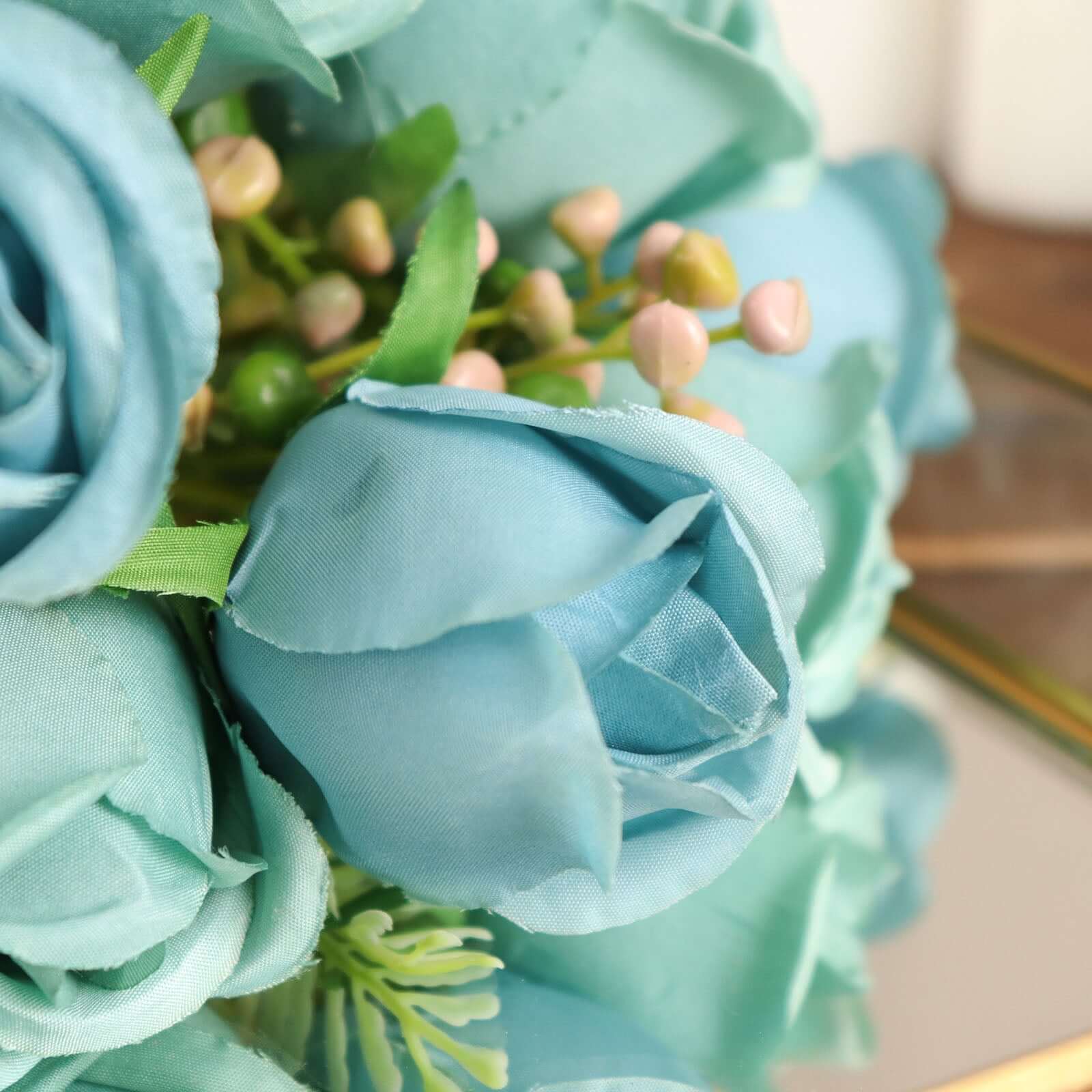 3 Pack 13" Dusty Blue Real Touch Silk Rose Bud Flower Bridal Bouquets, Artificial Floral Bush Arrangements
