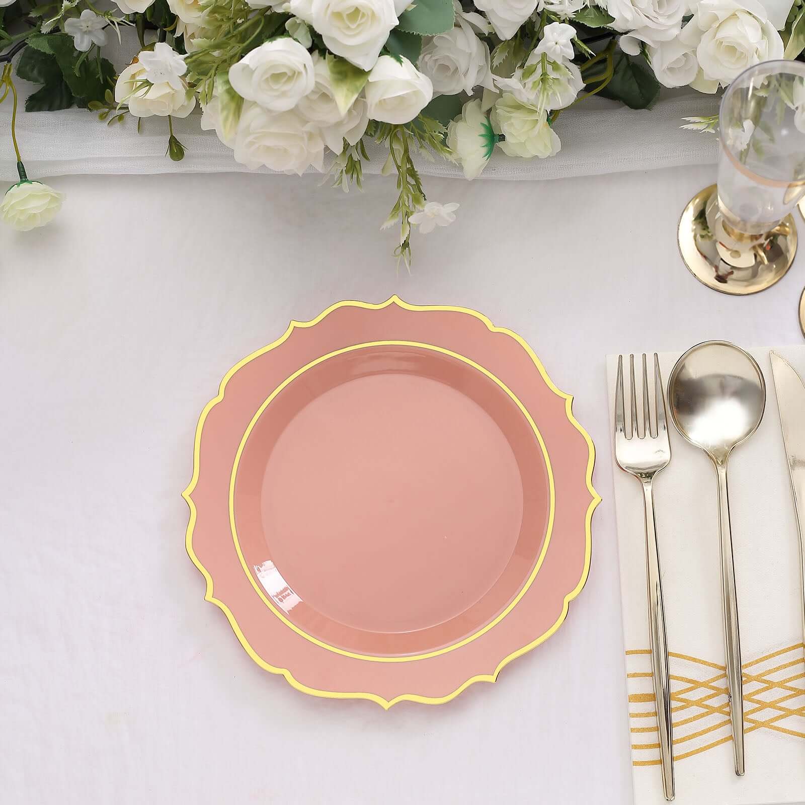 10-Pack Plastic 8" Round Desert Plates in Dusty Rose with Gold Scalloped Rim - Disposable Appetizer/Salad Plates