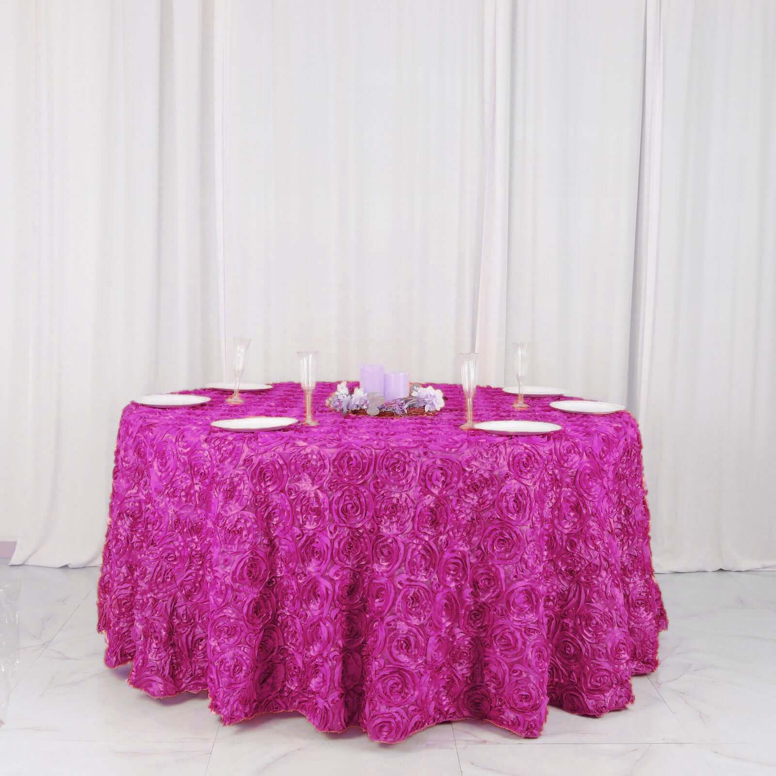 Satin 120" Round Tablecloth Fuchsia - Grandiose 3D Rosette with Seamless Finish Table Cover