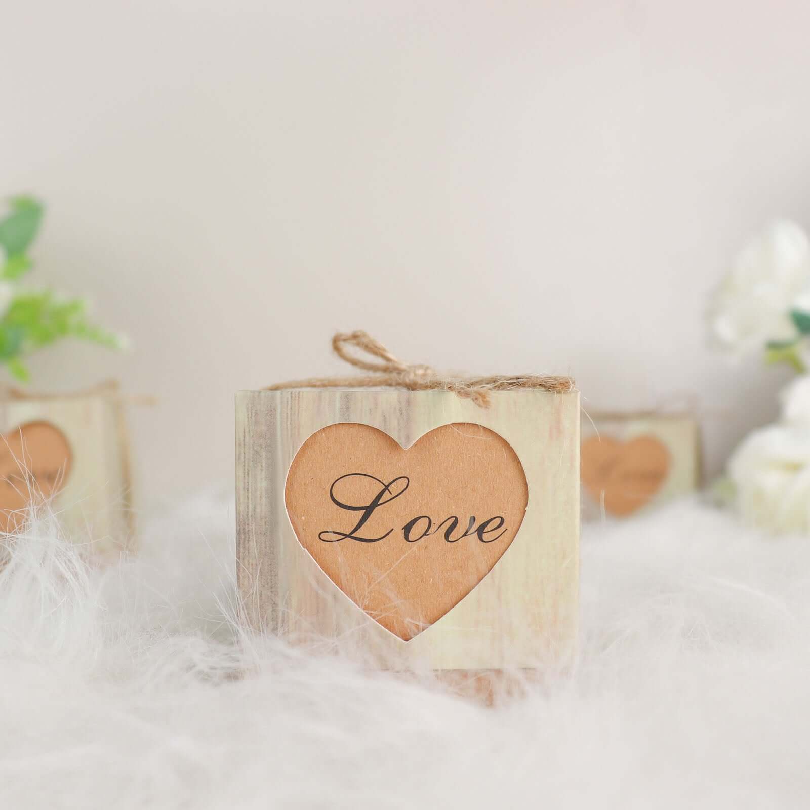 25 Pack 2.5" Rustic Wood Pattern Natural Brown Paper Candy Gift Boxes, Square Party Favor Boxes with Burlap Jute Twine and Love Heart Cut Out