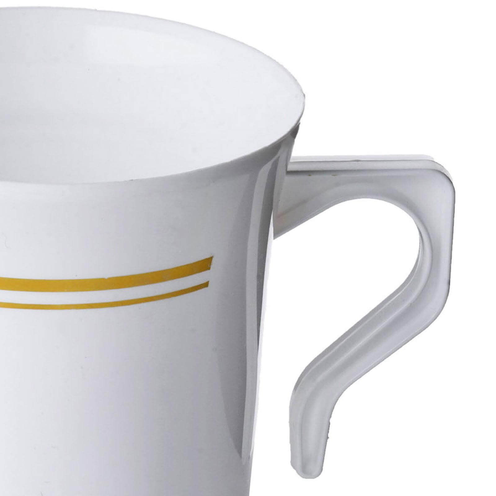 8-Pack Plastic Coffee Mugs White with Gold Stripes - Sturdy Disposable Cups for Coffee and Tea 8oz 3.5"