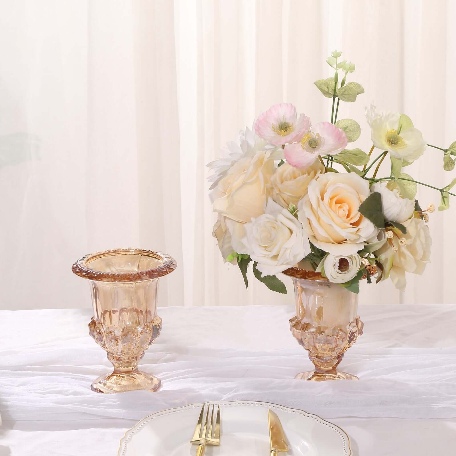 2-Pack Glass Mini Pedestal Flower Vases in Classic Roman Urn Style Amber Gold - Sophisticated Wedding Table Centerpieces 6"