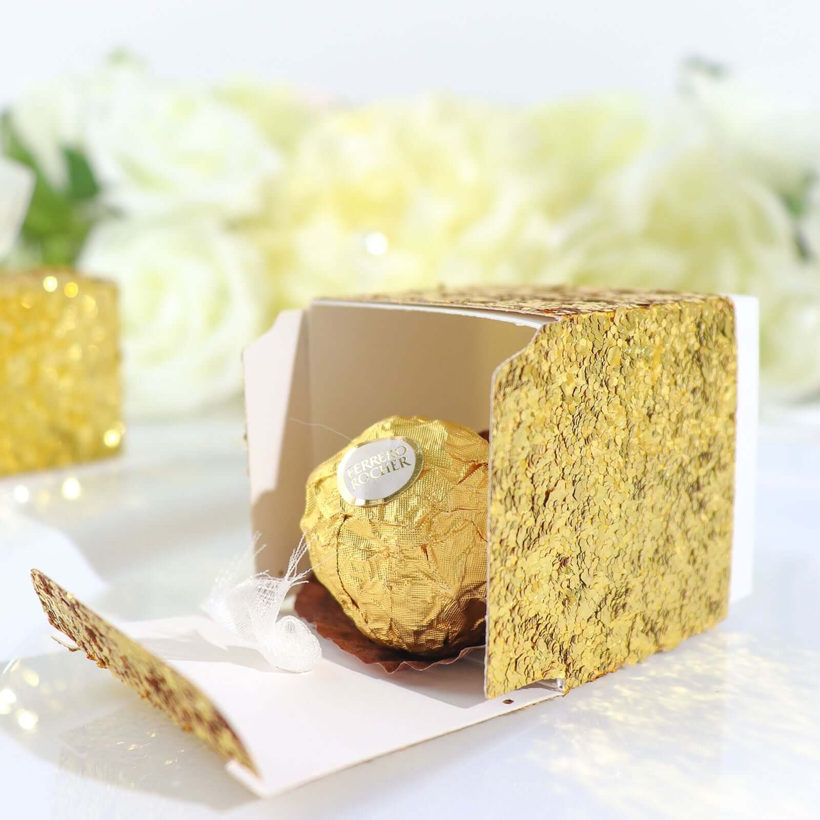 25 Pack 2" Gold Sequin Glitter Party Favor Boxes With White Ribbon Loop, Wedding Favor Gift Boxes, Candy Cases