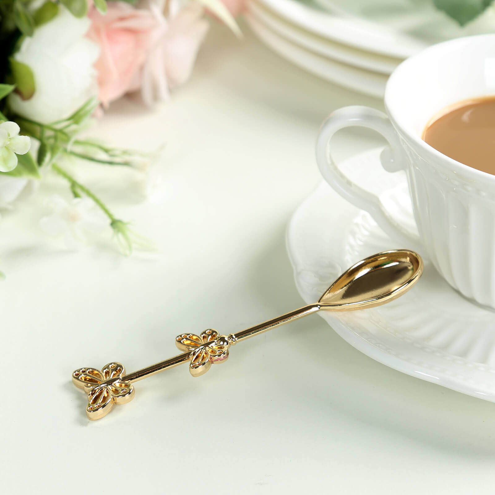 5 Pack Gold Metal Butterfly Handle Dessert Spoons in Clear Top Black Gift Box, Pre-Packed Mini Espresso Coffee Spoons Wedding Souvenir Gift with Thank You Tag and Ribbon - 4"