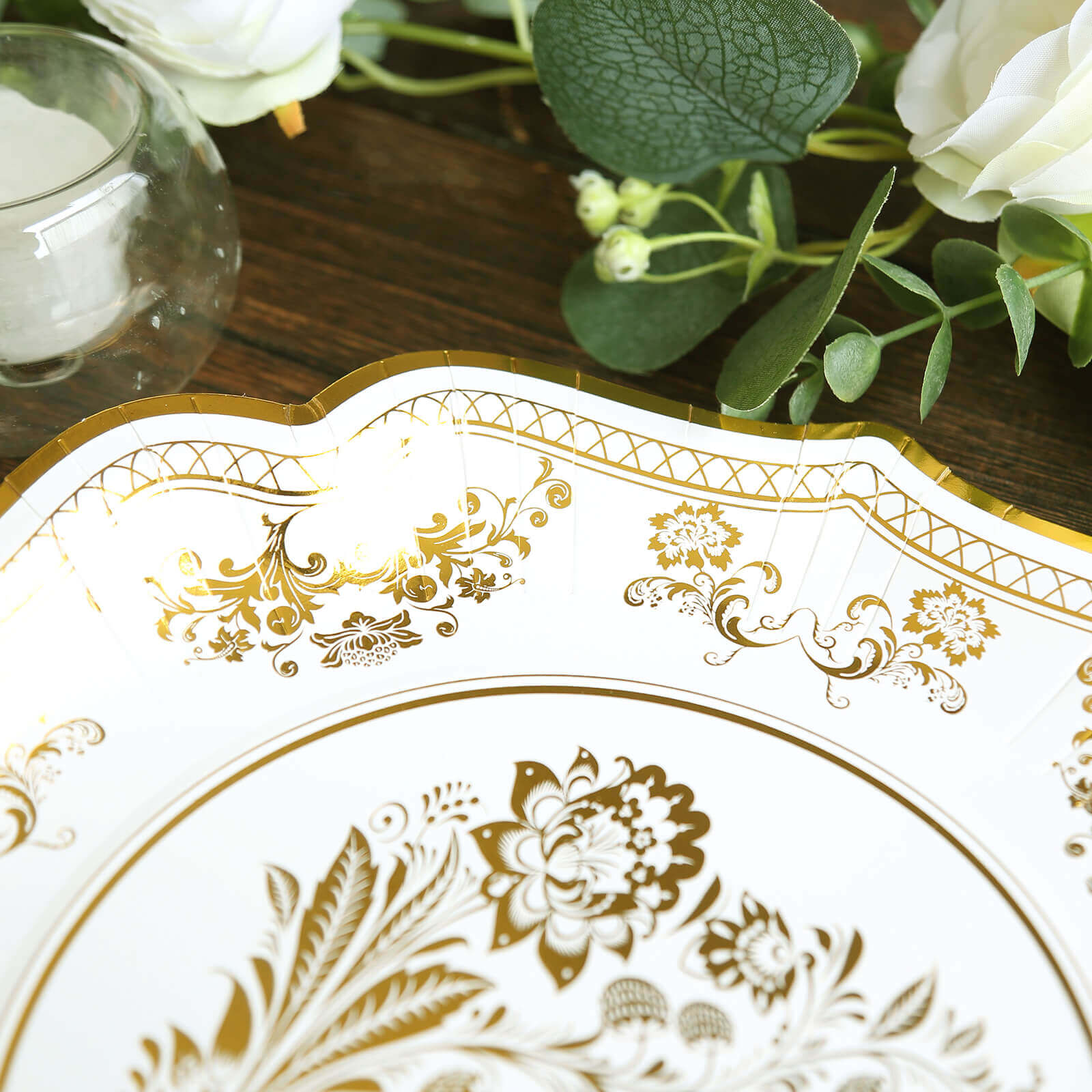 25-Pack Paper Dinner Plates in White Gold Damask Floral Print & Scallop Rim - Stylish Disposable 300GSM Floral Party Plates 10"