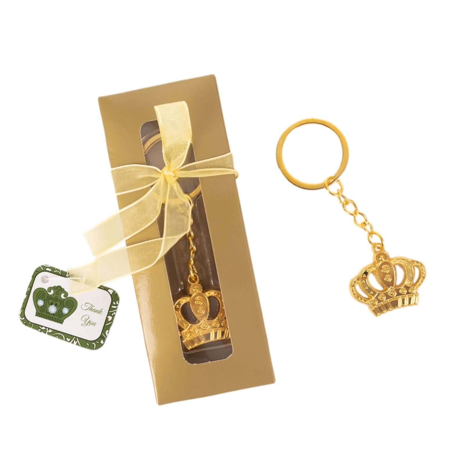 5 Pack Gold Metal Princess Crown Keychain Party Favor Souvenir, 3" Pre-Packed Wedding Bridal Shower Favor Gift Box With Ribbon & Thank You Tag