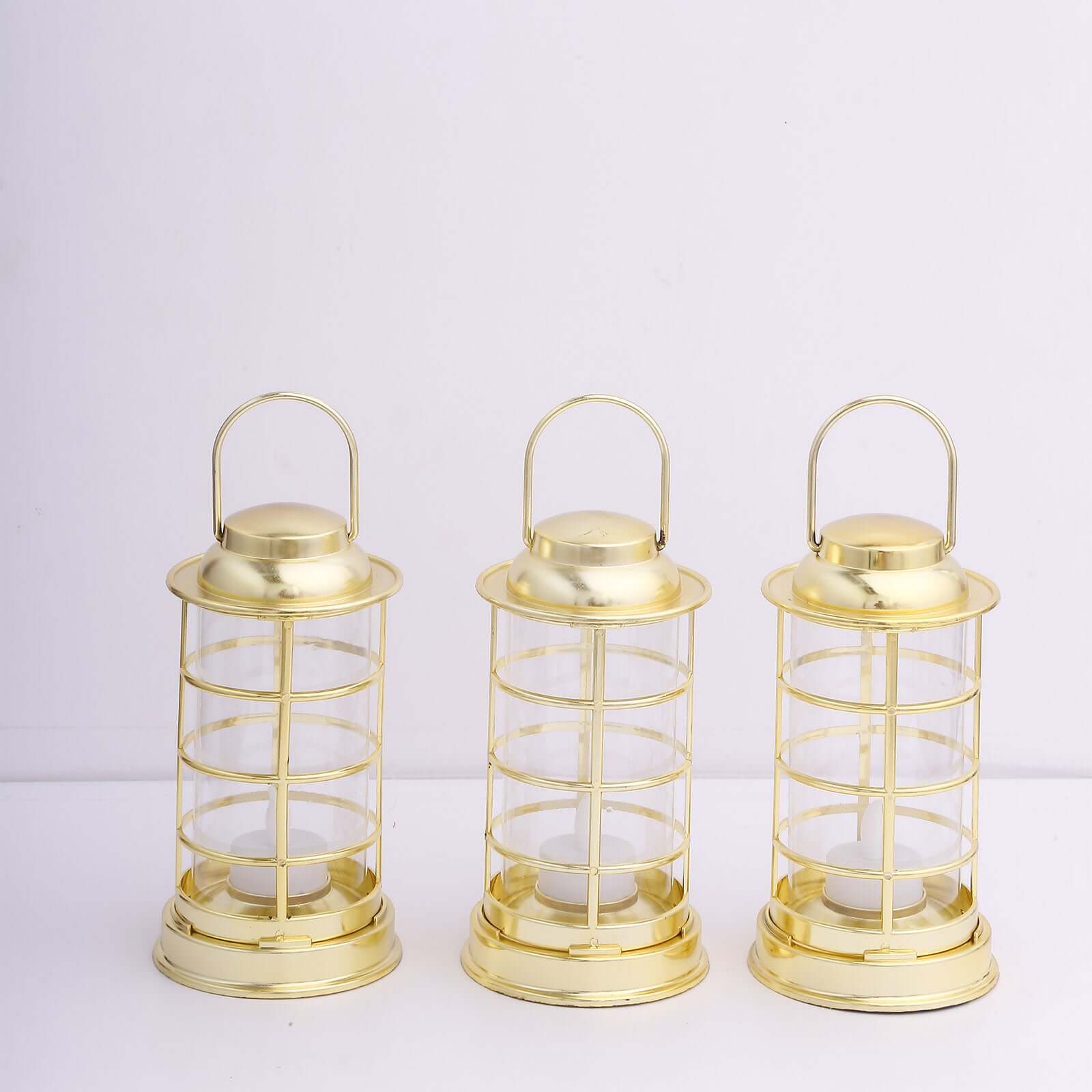 3-Pack LED Tealight Candles Decorative Gold - Battery Operated Mini Lantern Lamps 7"