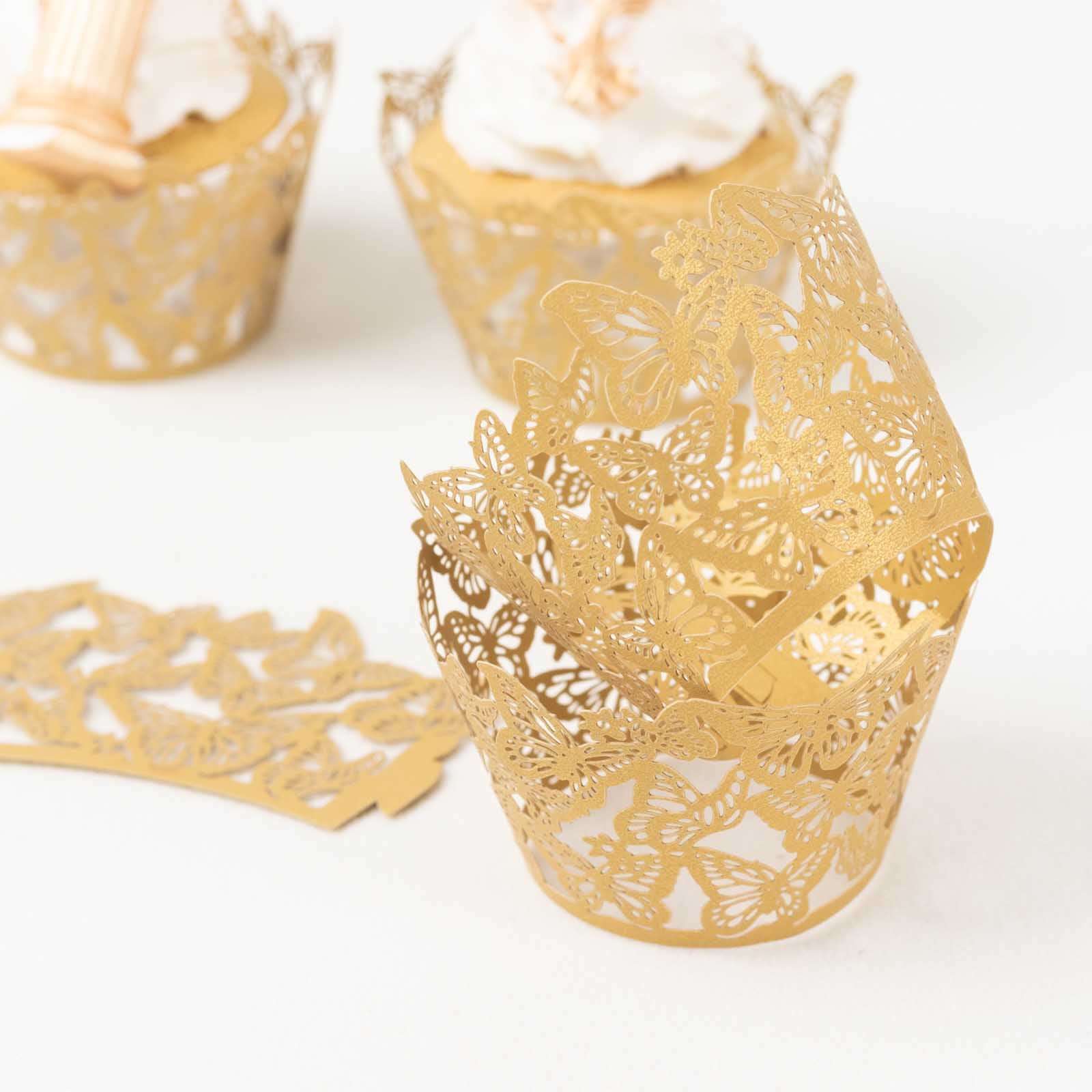25-Pack Paper Cupcake Liners Butterfly Lace Pattern Design Gold - Round Muffin Wrapper Cups 3"
