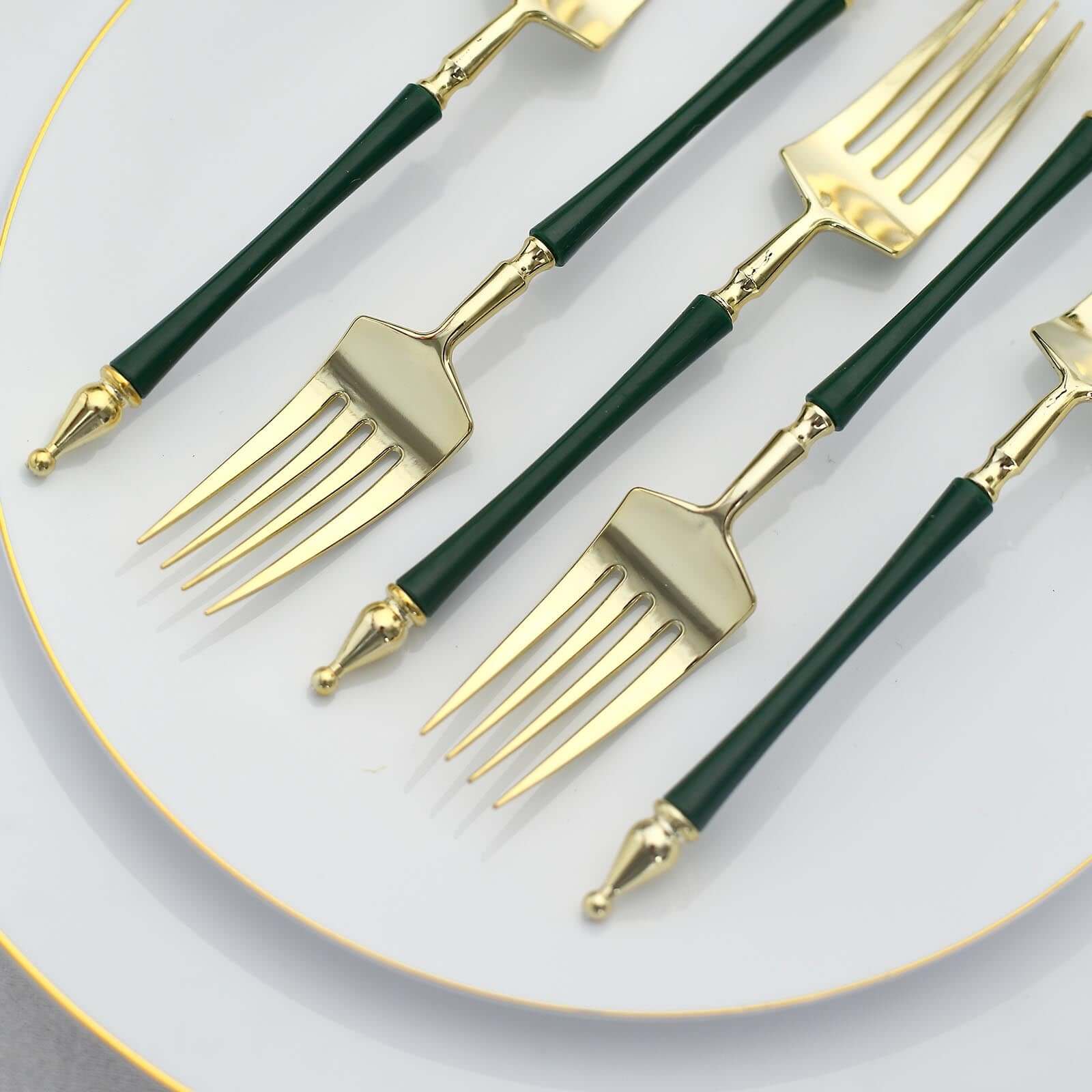 24 Pack 6" Gold Hunter Emerald Green Plastic Dessert Forks With Roman Column Handle, European Style Disposable Utensils
