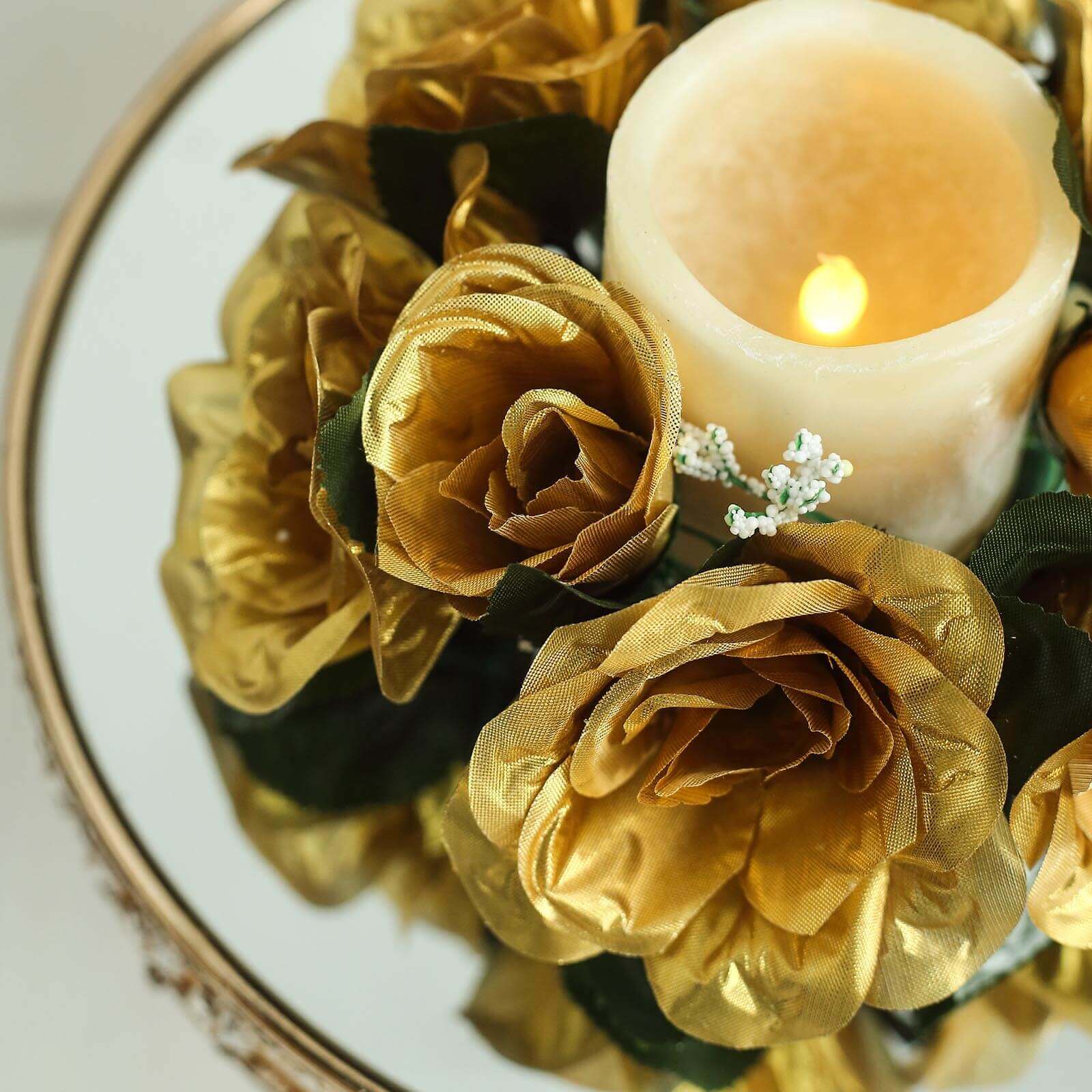 4 Pack 3" Gold Artificial Silk Rose Flower Candle Ring Wreaths