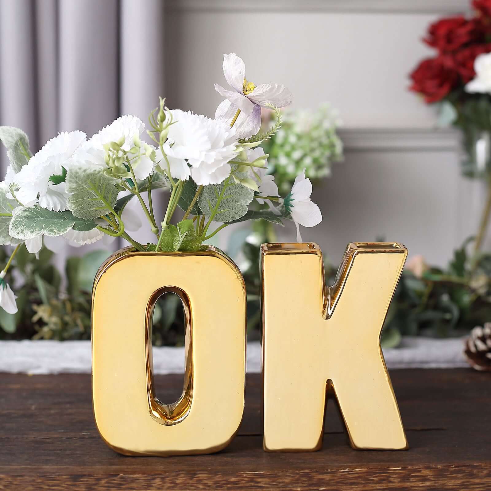 Shiny Ceramic Vase Letter "V" Gold Plated - Chic Bud Planter Pot for Events & Decor 6"