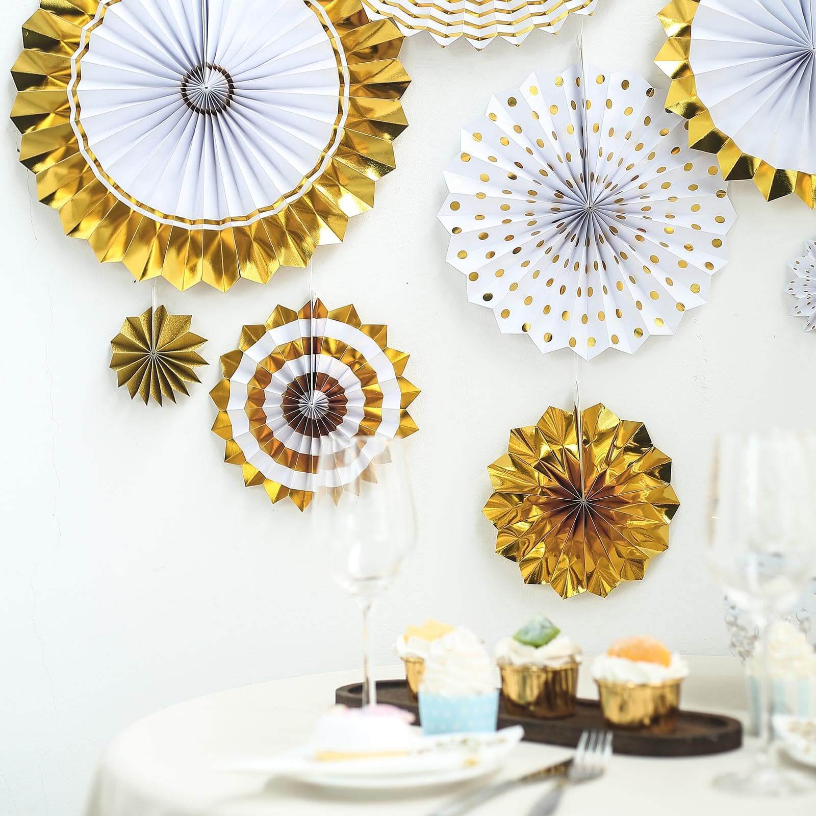 Set of 8 Gold White Hanging Paper Fan Decorations, Pinwheel Wall Backdrop Party Kit - 4", 8", 12", 16"