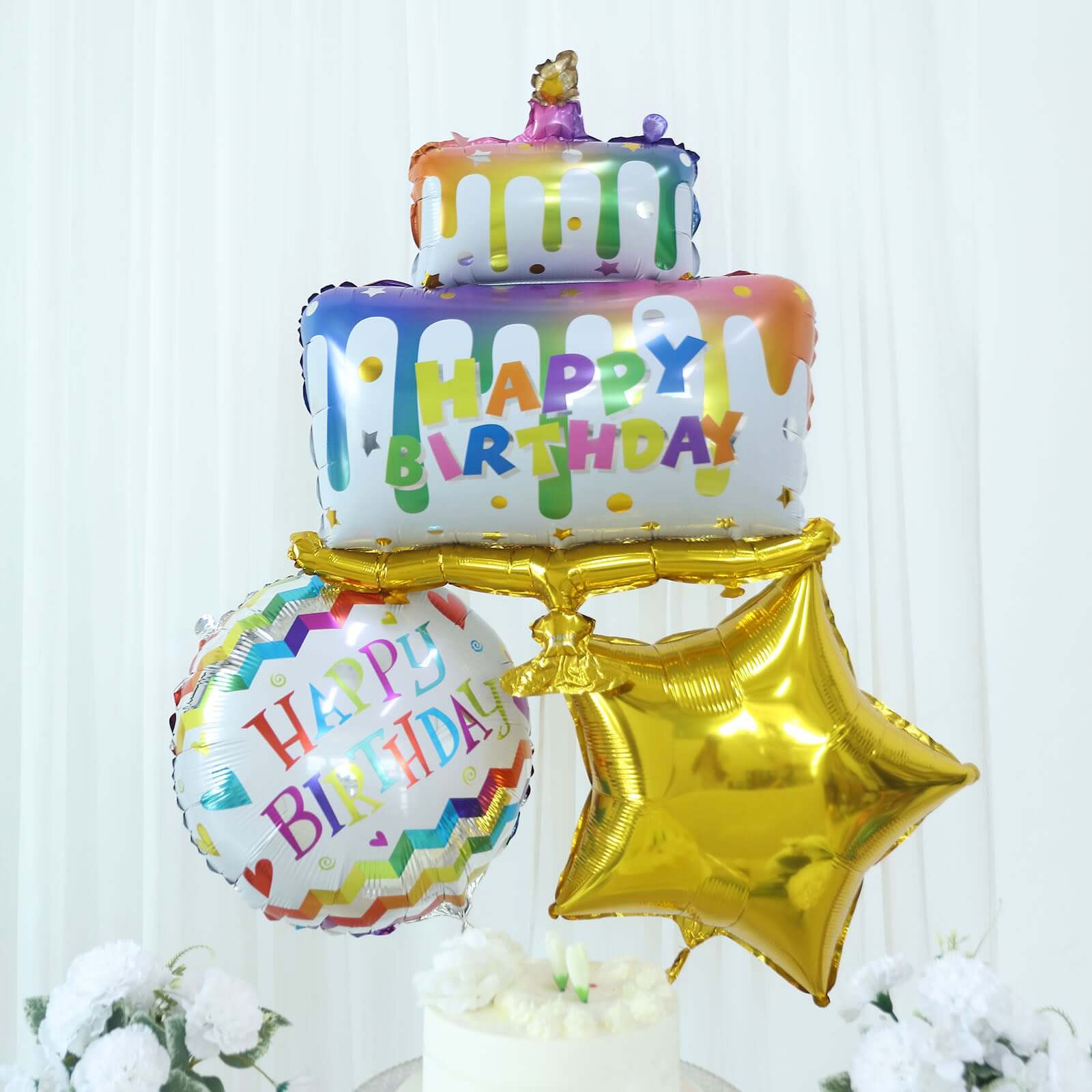 Set of 5 Colorful Happy Birthday Cake Mylar Foil Balloon Set, Round and Gold Star Balloon Bouquet With Ribbon, Birthday Party Decorations