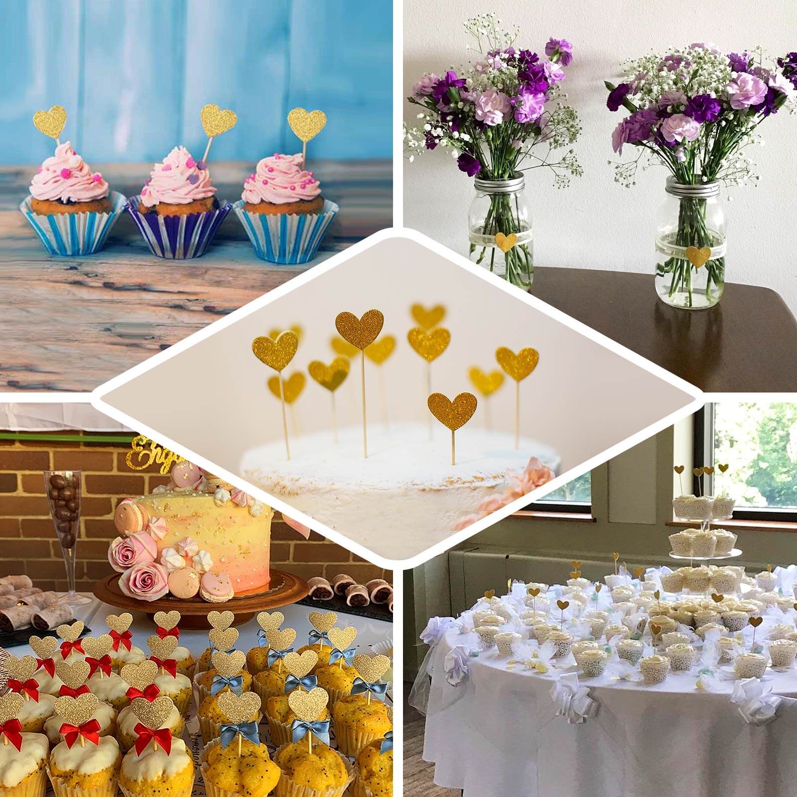 24-Pack Cupcake Topper Picks Heart Shaped Design Glitter Gold - Party Cake Toppers 4.5", 4"