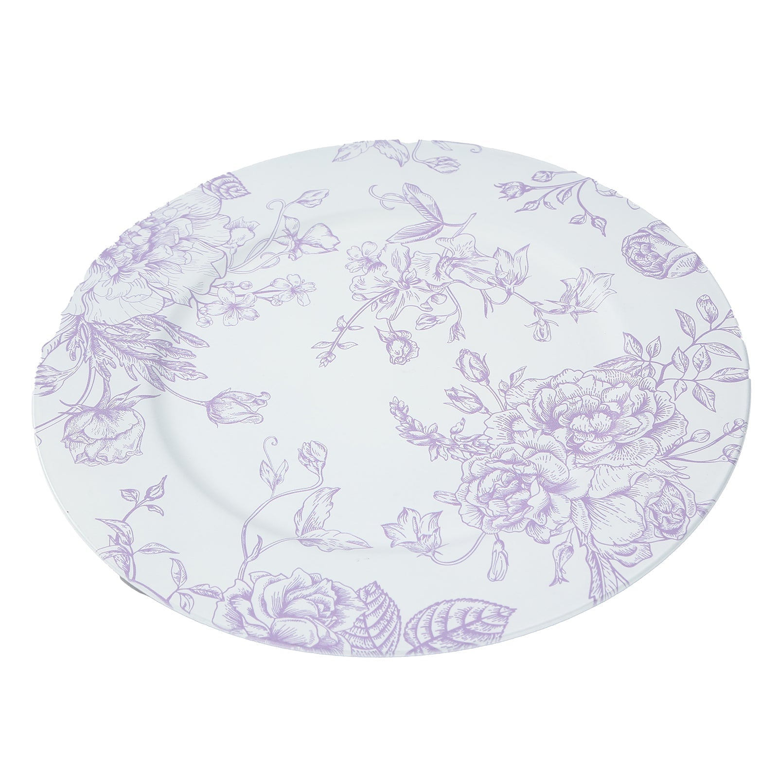 6 Pack Round Floral Acrylic Charger Plates in French Toile Pattern, 13" Matte Lavender and White Dinner Charger Event Tabletop Decor